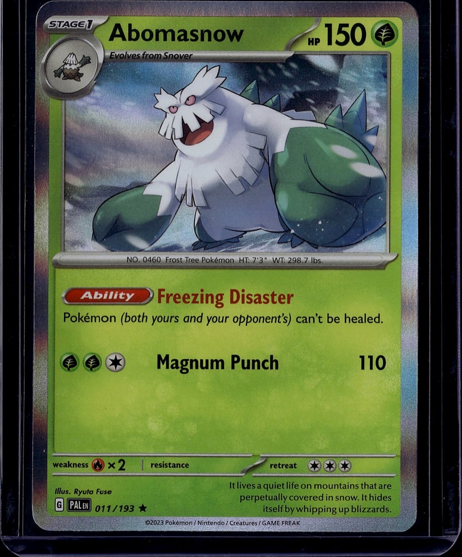 2023 Pokemon Scarlet Violet Paldea Evolved: Abomasnow 011/193 is a Holo Rare, Stage 1 Grass-type Pokemon card from the Scarlet & Violet: Paldea Evolved expansion (SV02), released June 9, 2023. The set contains 193 cards plus 86 secret rares.