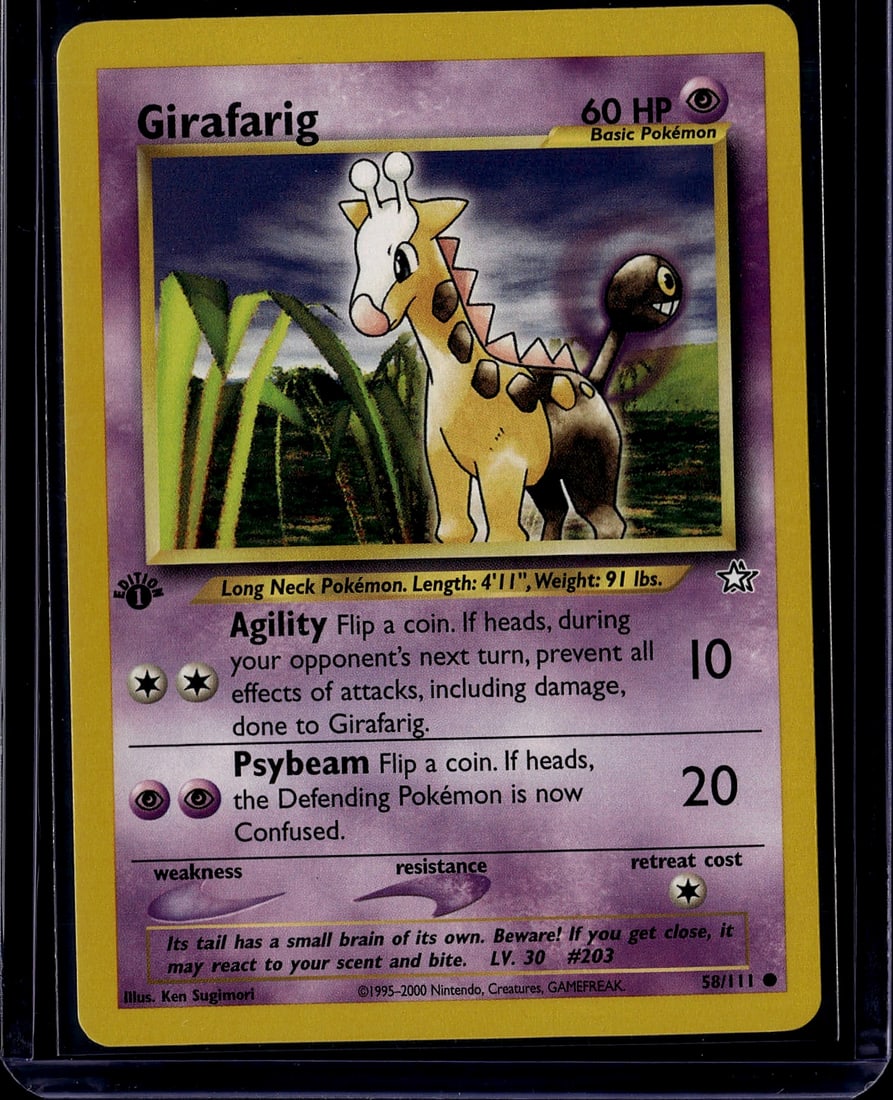 2000 Pokemon Neo Genesis Girafarig 58/111 Near: This is an authentic Girafarig Pokemon trading card from the Neo Genesis set, released in 2000 by The Pokemon Company. Card number 58/111, this Basic Psychic-type Pokemon features the iconic