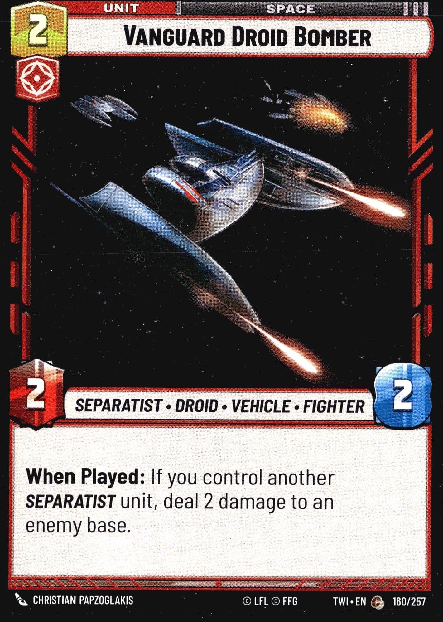 2025 Fantasy Flight Games Star Wars Unlimited: This listing is for the Vanguard Droid Bomber (card #160/257) from the Star Wars Unlimited Trading Card Game set Twilight of the Republic (TWI). This is a Unit card in the Space arena, belonging to