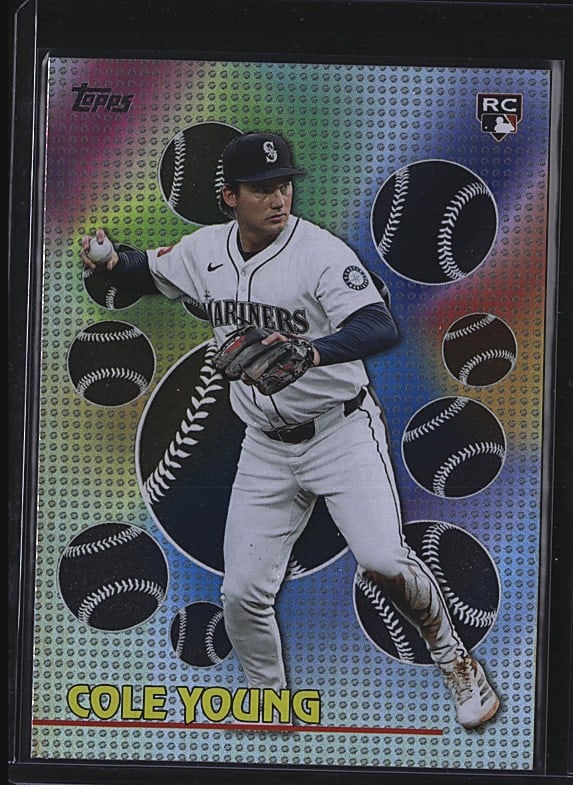 2026 Topps Titans of the Game Cole Young TOG-39: 2026 Topps Titans of the Game Cole Young rookie card #TOG-39. Features Young in Seattle Mariners uniform as a 2B/SS prospect. Card showcases colorful refractor-style background with multiple baseball
