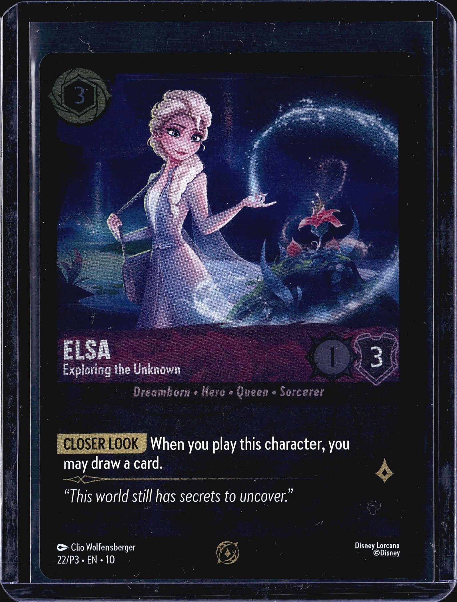 2024 Disney Lorcana Into the Inklands Elsa 22/P3: This listing features Elsa - Exploring the Unknown, card number 22/P3 from Disney Lorcana, identified as a promotional release (P3 promo set). The card depicts Elsa in her Frozen 2-inspired artwork,