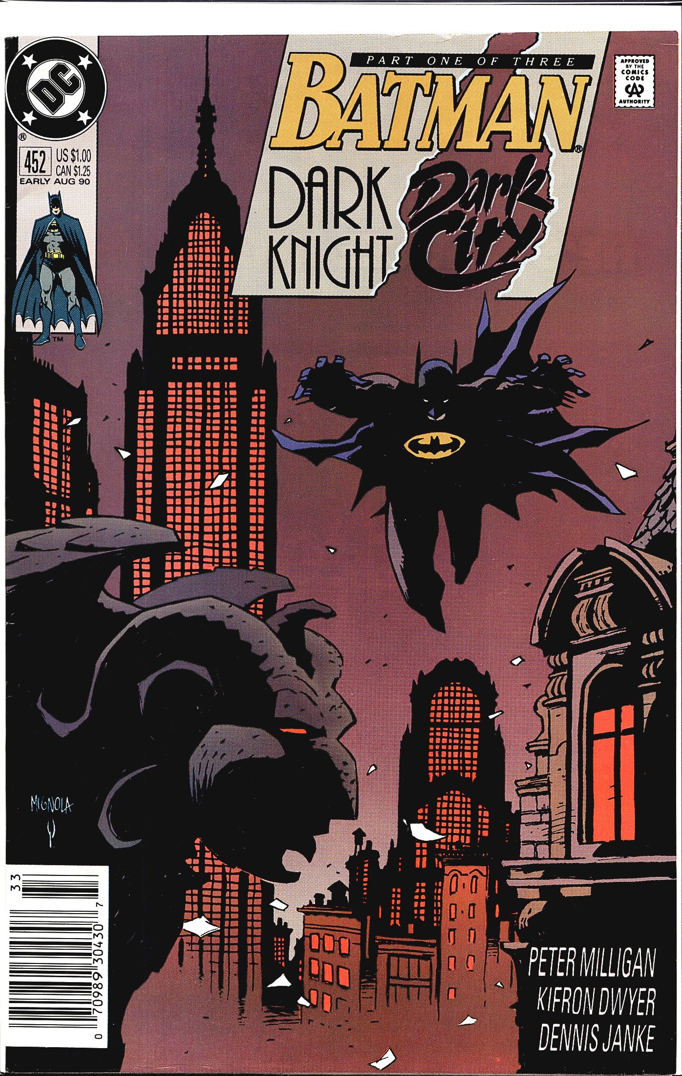 Batman #452 Dark Knight Dark City Part 1 DC: Batman #452, published by DC Comics in Early August 1990, kicks off the three-part 'Dark Knight, Dark City' storyline. Written by Peter Milligan with interior art by Kieron Dwyer and inks by Dennis
