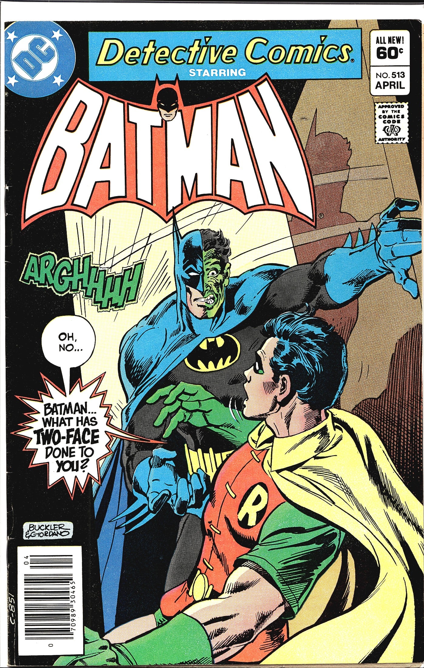 1982 DC Detective Comics 513 Batman Comic Book: Detective Comics #513, published by DC Comics, cover dated April 1982, priced at 60 cents on the cover. This issue features a striking cover by artists Buckler and Giordano depicting Batman afflicted 