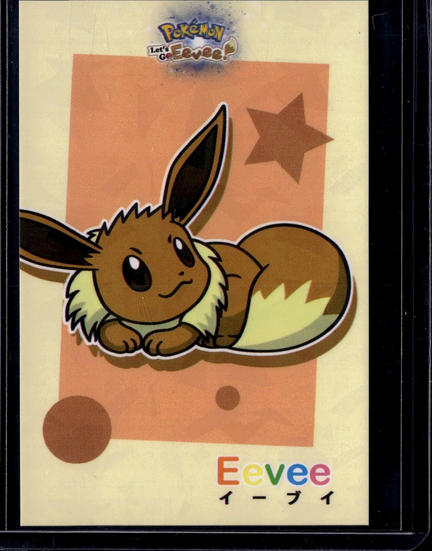 Pokemon Let's Go Eevee Card - Eevee Character: This is an authentic Pokemon Let's Go Eevee promotional or character card featuring the iconic Eevee character. The card showcases beautiful artwork with Eevee in its characteristic brown and cream