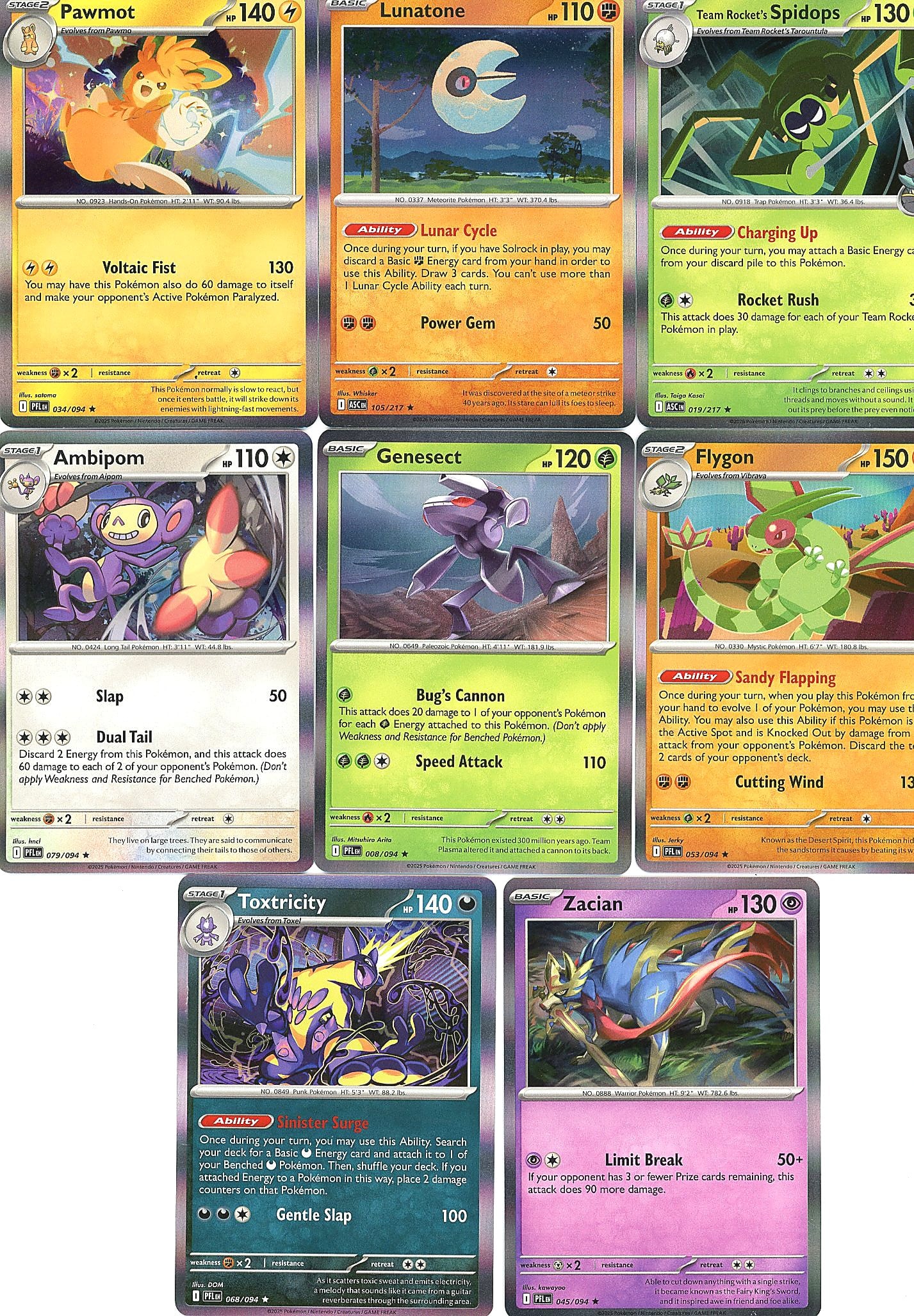 Pokemon Raw Singles Lot - 8 Cards Mixed Holo: This lot contains 8 raw Pokemon singles in near mint condition, including Pawmot (Stage 2, HP 140), Lunatone (Basic, HP 110), Team Rocket's Spidops (Stage 1, HP 130), Ampibom (Basic, HP 110), Genesect
