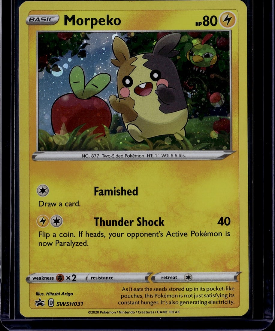 2020 Pokemon Sword & Shield Morpeko #877 Basic: This is a 2020 Pokemon Trading Card Game Basic Electric-type Morpeko card from the Sword & Shield set, catalog number 877 (SWSH031). Morpeko is a Two-Sided Pokemon with 80 HP, illustrated by Hitoshi A