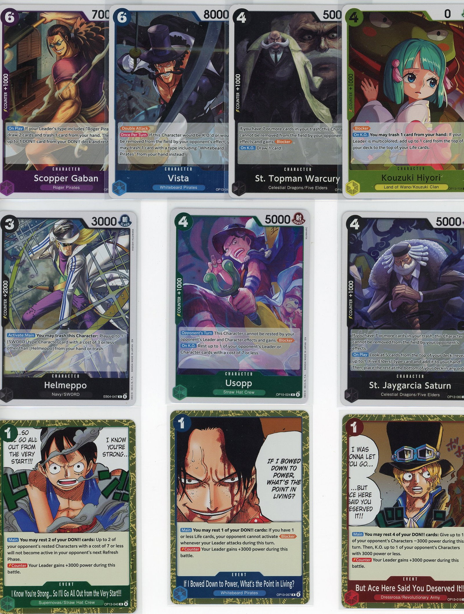 Lot of 10 One Piece Foil Trading Cards - Bandai: This lot contains 10 authentic One Piece foil trading cards from the Bandai Trading Card Game. The collection features prominent characters from the series including Scooper Gaban, Vista, St. Topman