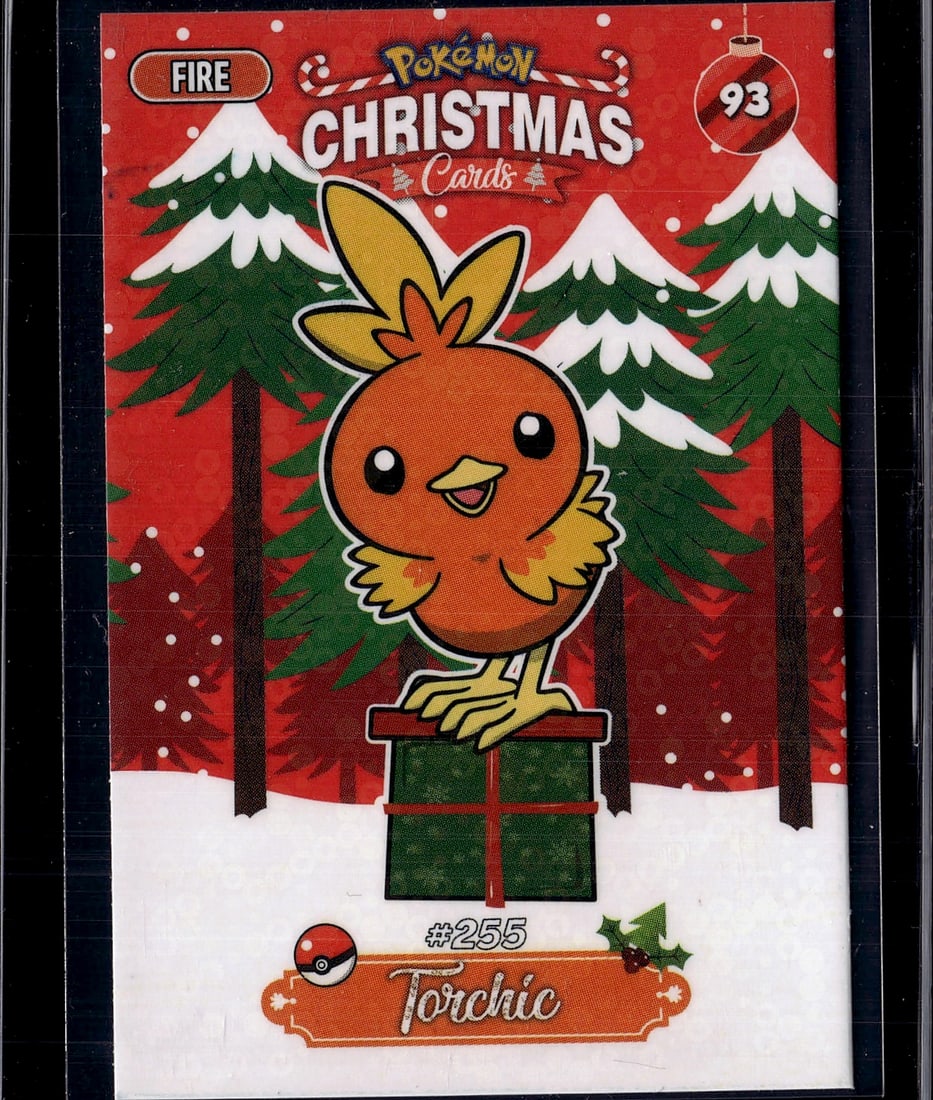2024 The Pokemon Company Torchic Card #255 Mint: Torchic #255 from the 2024 Peruvian 'Card Database Christmas' set, featuring a Cracked Ice Holo finish. These are unofficial Spanish-language holiday cards produced in Peru, using Pokedex numbers as c