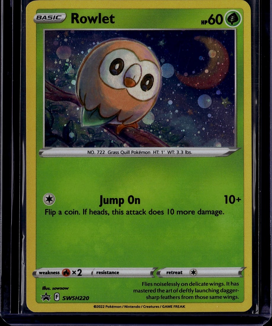 2022 Pokemon SWSH Black Star Promo SWSH220: Rowlet is a Basic Grass-type Pokemon card (60 HP) with the attack Jump On. It was released as a holo-foil promo card (SWSH Black Star Promo #SWSH220) available in the Spring 2022 Collector Chest and