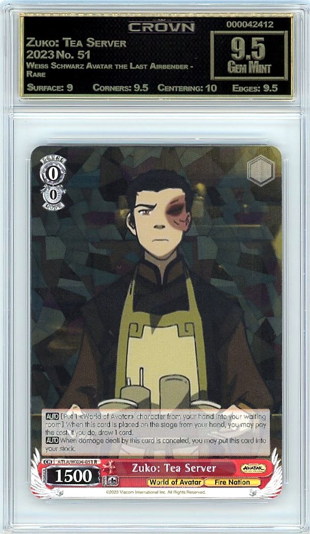 2023 Zuko: Tea Server Weiss Schwarz Avatar the: Graded by Crown Grading. Grade: 9.50. Gem Mint