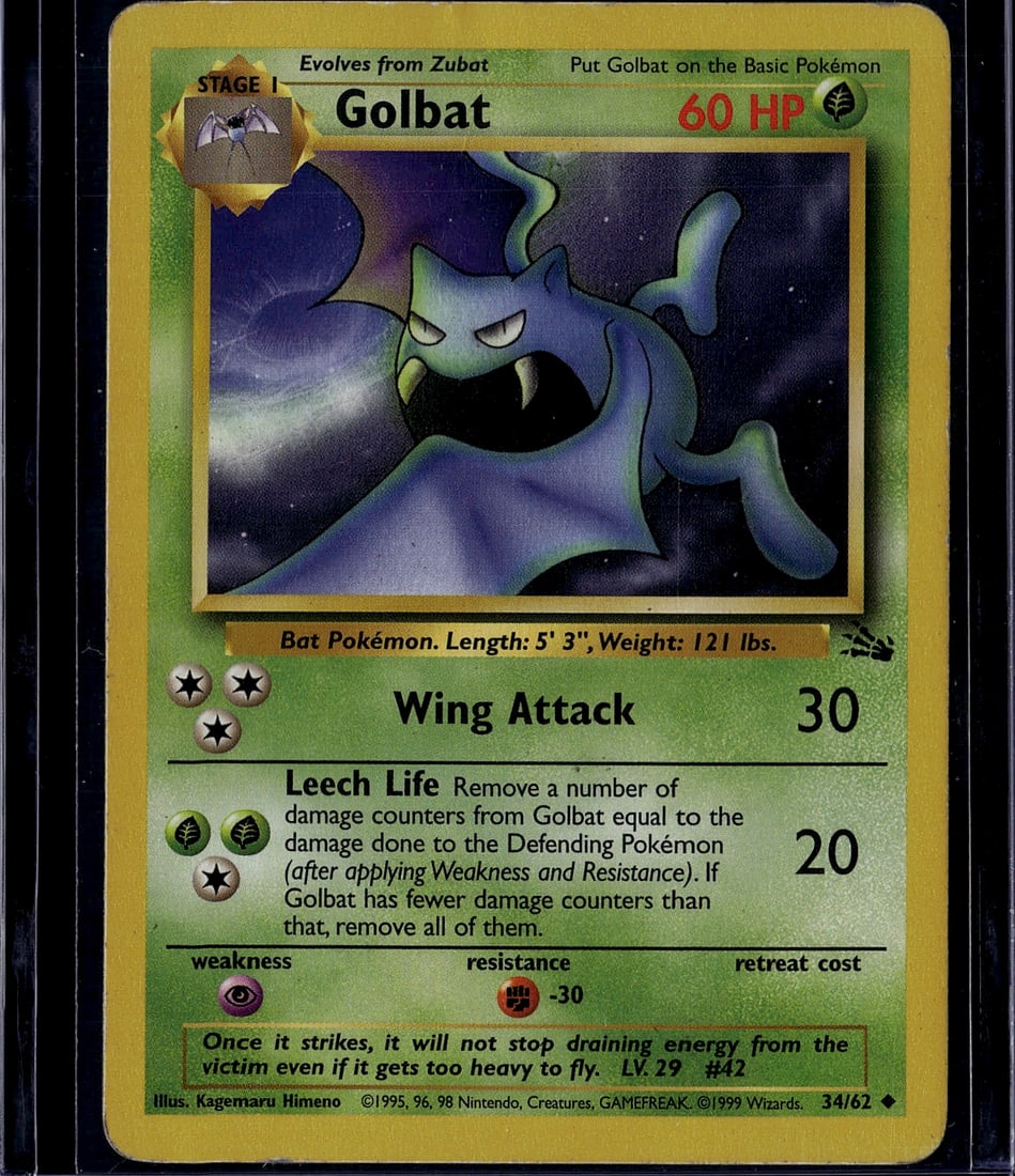 1995 Pokemon Base Set Golbat #34/102 Stage 1: This is an original 1995 Pokemon Trading Card Game Base Set Golbat card (#34/102), a Stage 1 evolution card that evolves from Zubat. The card features classic artwork by Kagemaru Himeno and includes