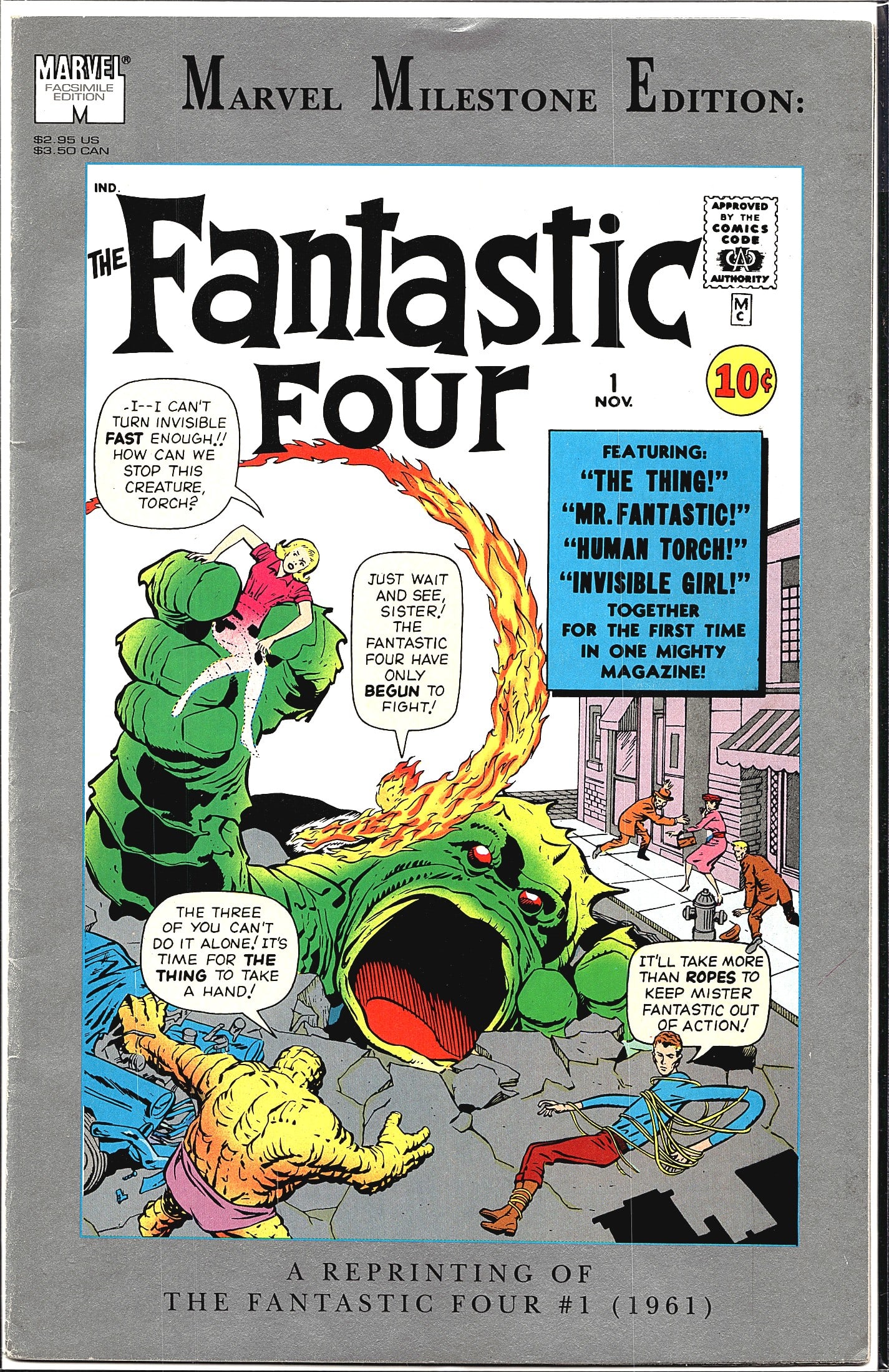 1991 Marvel Milestone Edition Fantastic Four #1: This is the Marvel Milestone Edition facsimile reprint of The Fantastic Four #1, originally published in November 1961. Produced as part of Marvel's Facsimile Edition line, this reprint faithfully rep