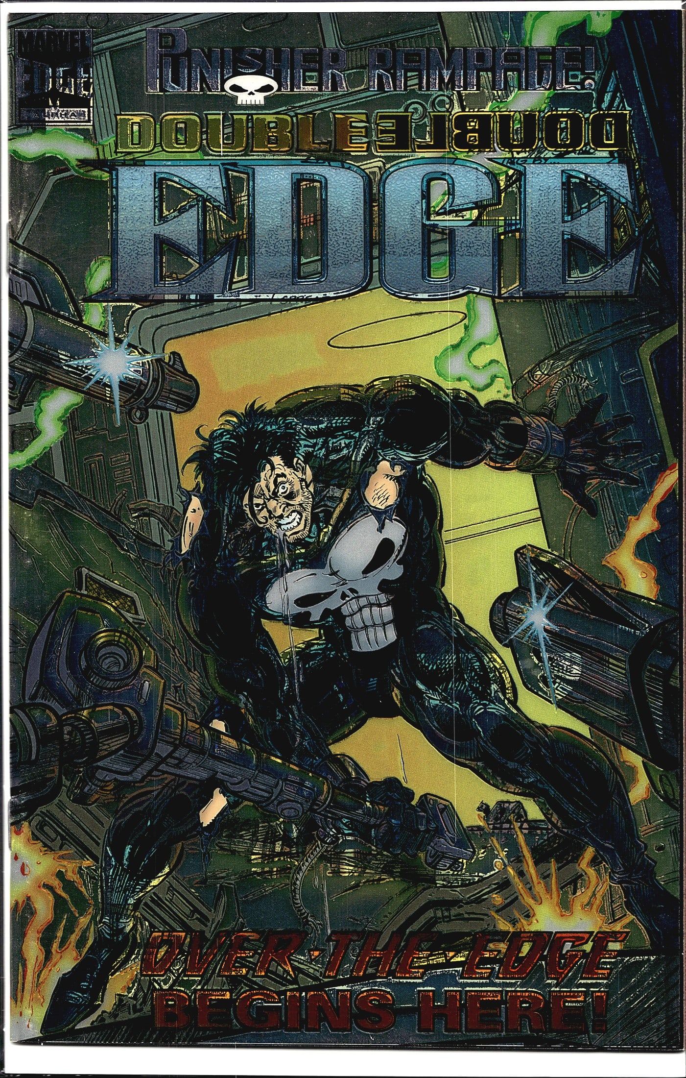 1995 Marvel Punisher Double Edge Alpha #1 Comic: This is a raw copy of Punisher Rampage: Double Edge from Marvel Comics, featuring the tagline 'Over The Edge Begins Here!' prominently displayed at the bottom of the cover. The cover art depicts the P