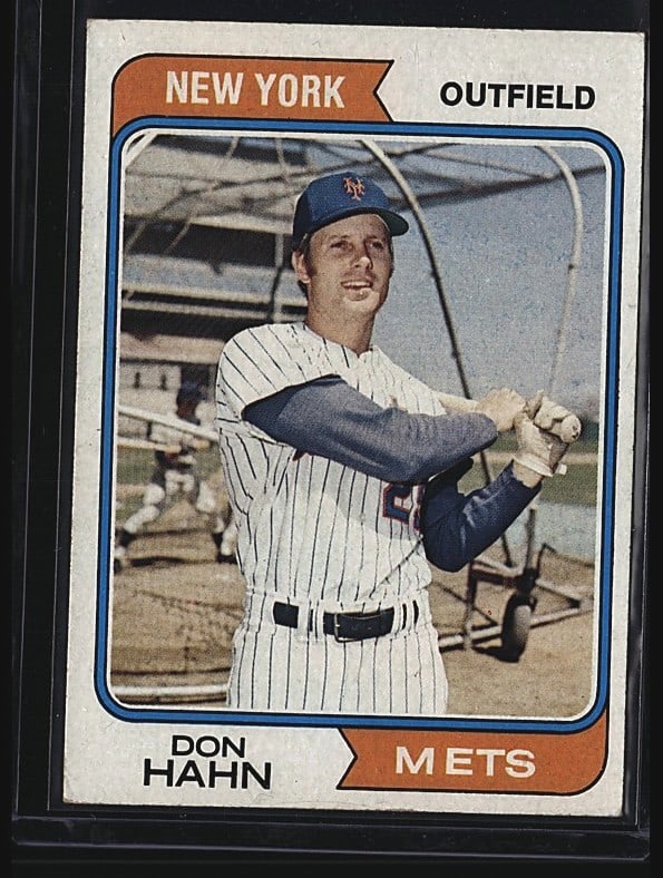 1974 Topps #291 Don Hahn Baseball Card Very Good: 1974 Topps Don Hahn #239 raw baseball single featuring the New York Mets outfielder. The card displays a color photograph of Hahn in his Mets uniform with pinstriped jersey and team cap, captured in