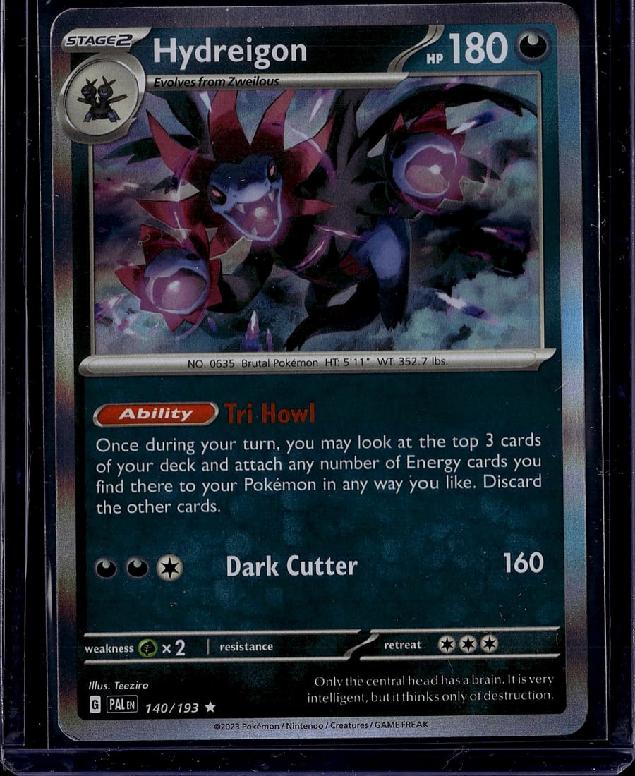 2023 Pokemon Paldea Evolved Hydreigon 140/193: This is an ungraded raw Hydreigon Pokemon trading card from the Scarlet & Violet expansion set, card number 140/193. The card features the Stage 2 evolution Pokemon with 180 HP and dark-type designati