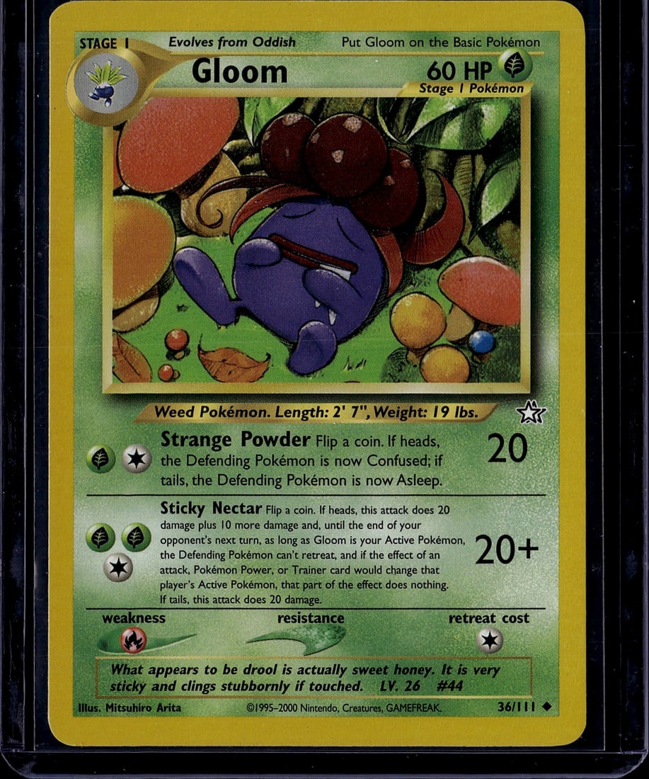 Gloom 36/111 Base Set Pokemon Card 2000 Stage 1: This is an original Gloom Pokemon Trading Card from the Base Set, card number 36/111, published by The Pokemon Company in 2000. Gloom is a Stage 1 Grass-type Pokemon that evolves from Oddish, featurin