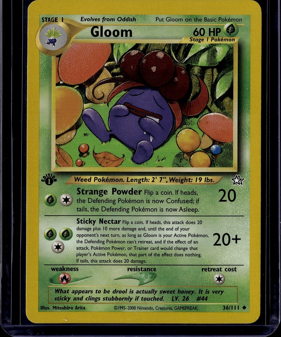 2000 Pokemon Neo Genesis Gloom 36/111 Near Mint: Gloom is a Grass-type Stage 1 Pokemon card from the Neo Genesis expansion, numbered 36/111 out of 111 cards total. Released in English on December 16, 2000, Neo Genesis was the 8th TCG set and the fir