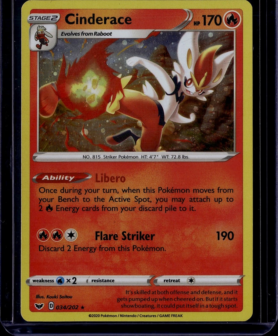 Cinderace 034/202 Pokemon Sword Shield Stage 2: This is a Cinderace Pokemon Trading Card from the Sword & Shield set, card number 034/202. As a Stage 2 Striker Pokemon with 170 HP, Cinderace evolves from Raboot and features the Libero ability along