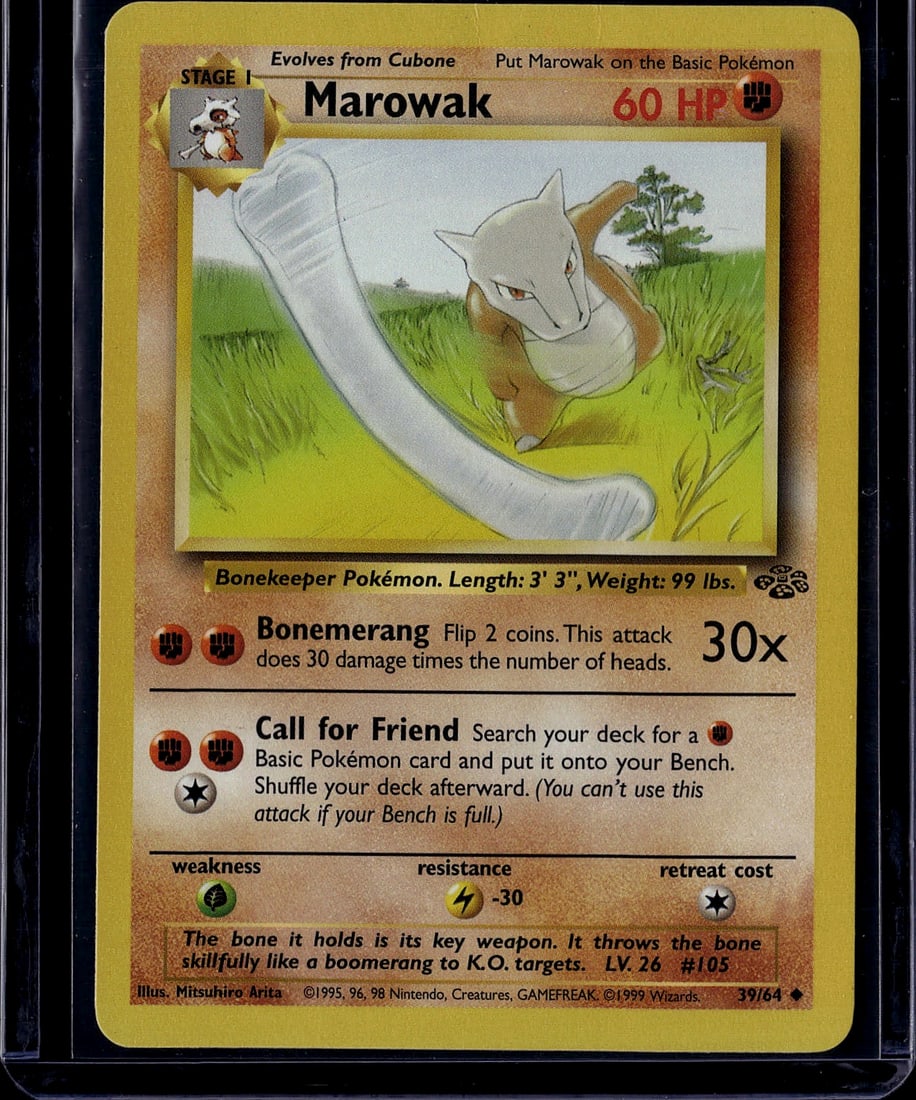 1999 Marowak 39/64 Base Set Pokemon Card - Stage: This is a vintage 1999 Marowak Pokemon Trading Card from the Base Set, card number 39/64. Marowak is a Stage 1 Pokemon that evolves from Cubone, featuring 60 HP and the Fighting-type designation. The 