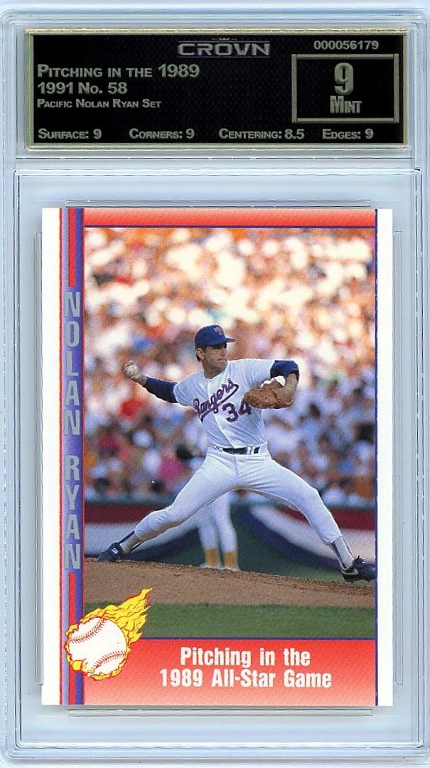 1991 Pacific Nolan Ryan #58 Crown 9 All-Star: This is a 1991 Pacific Nolan Ryan Set card #58 featuring Pitching in the 1989 All-Star. The card has been professionally graded and encased in a protective slab, preserving its condition for collector