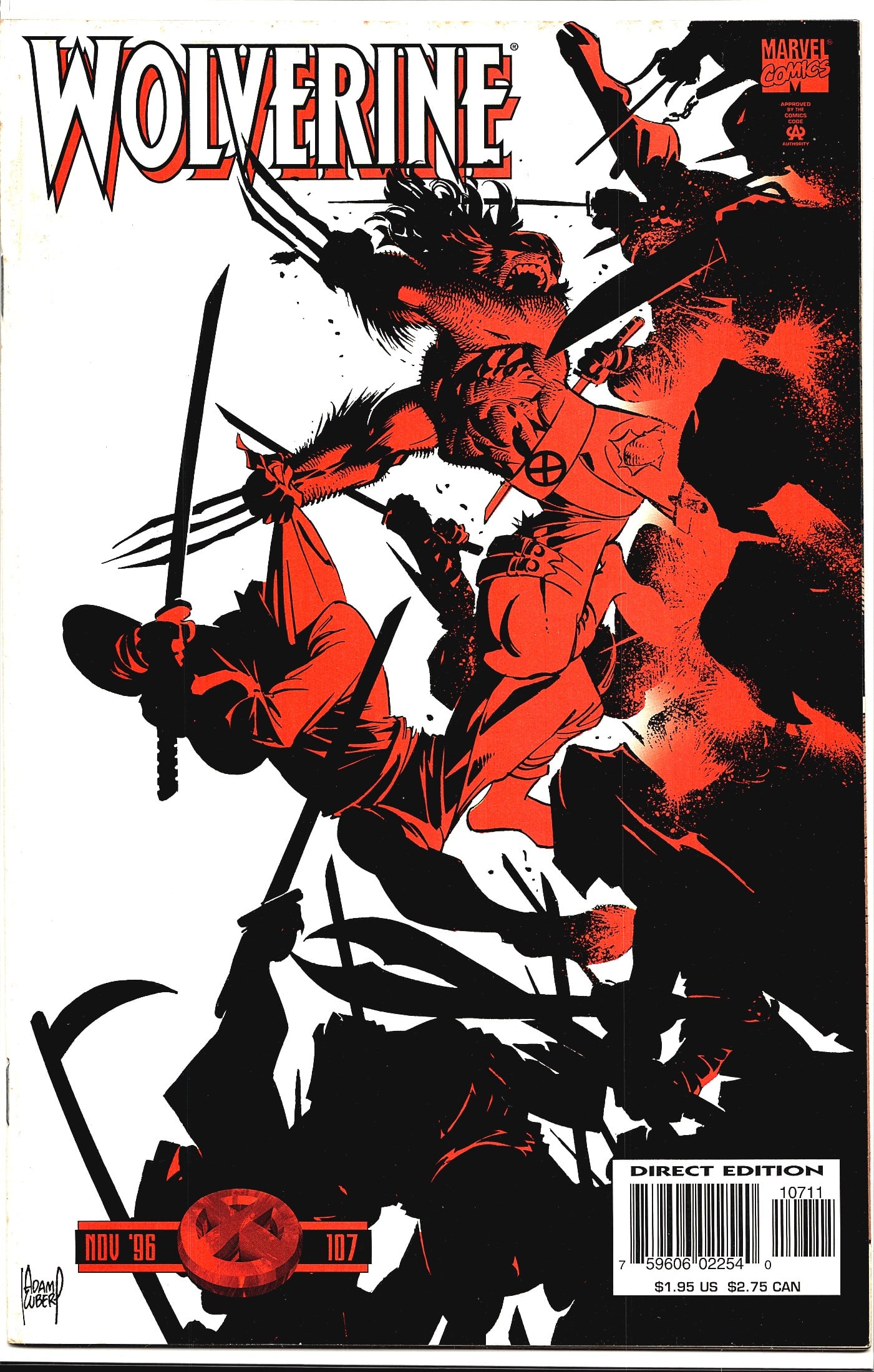 Wolverine #107 Marvel Comics Nov 1996 Direct: Wolverine #107 from Marvel Comics, cover dated November 1996. This is the Direct Edition, as noted on the price box in the lower right corner. The cover features a striking two-tone red and black art 