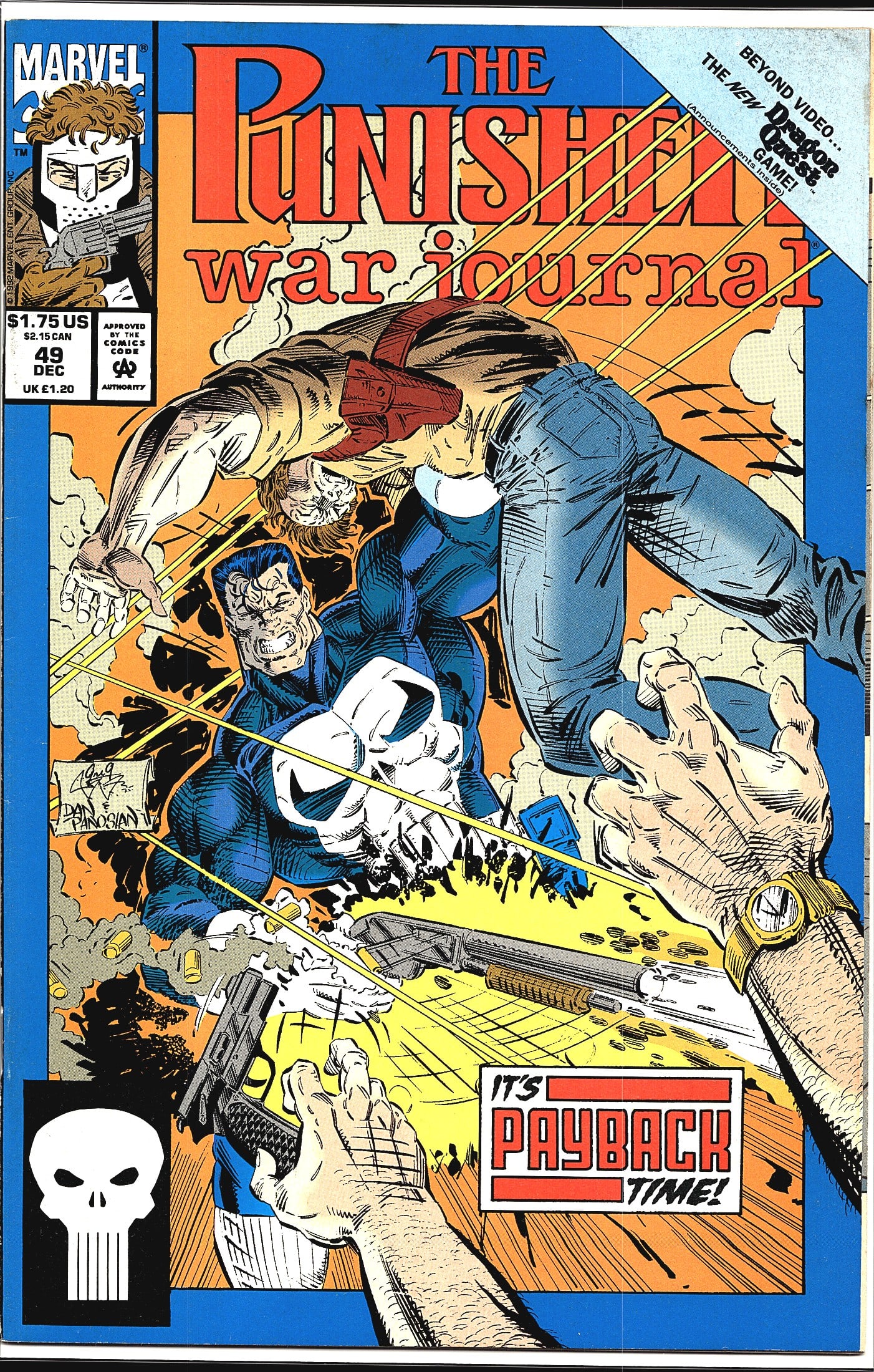 1992 Marvel The Punisher War Journal #49 Comic: This is The Punisher War Journal issue #49, published by Marvel Comics, cover dated December 1992. The cover art, signed by Dan Panosian, depicts the Punisher in his iconic black suit with skull emble