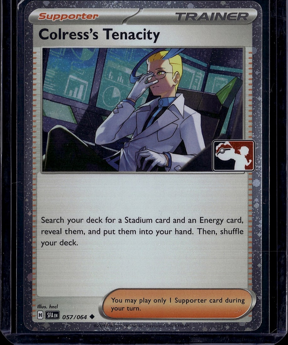 Colress's Tenacity 057/064 Pokemon Trainer: This is a raw Pokemon Trainer Supporter card featuring Colress's Tenacity from a modern Pokemon Trading Card Game set. The card depicts Colress, a key character from the Pokemon universe, in his iconi