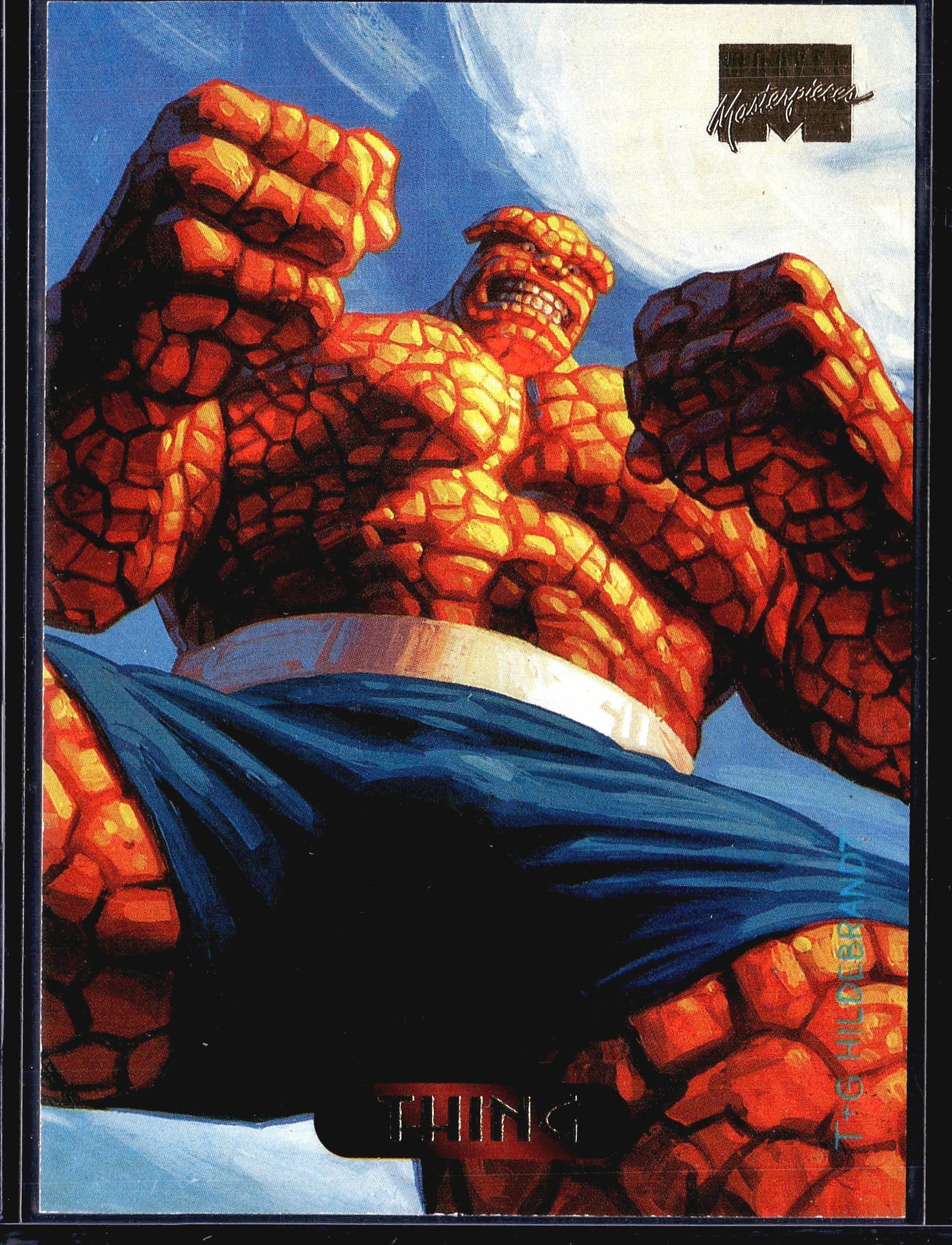 1994 Fleer Marvel Masterpieces The Thing Ben: This is card #123 from the 1994 Fleer Marvel Masterpieces trading card set, featuring The Thing (Ben Grimm) of the Fantastic Four. The front artwork was created by Greg and Tim Hildebrandt, depicting 