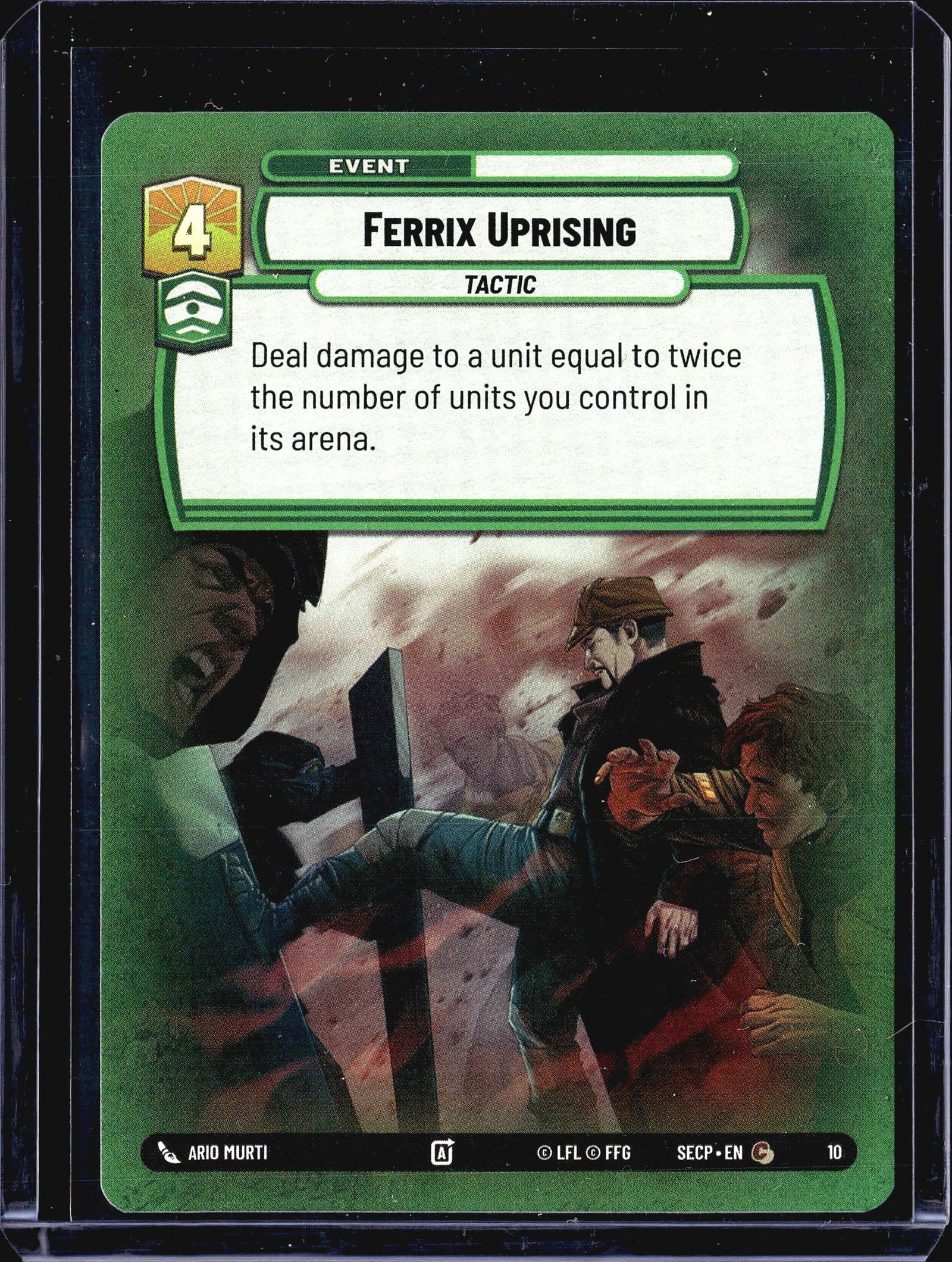 2024 FFG Spark of Rebellion 10 Ferrix Uprising: This listing features Ferrix Uprising, card #10 from the Star Wars Unlimited trading card game, set code SECP (Spark of Rebellion). It is an Event - Tactic type card with a cost of 4, aligned with the