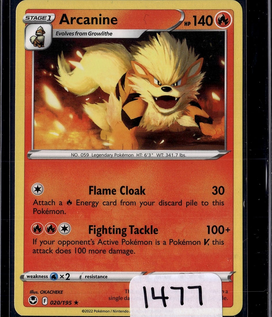 Arcanine 020/195 Pokemon Sword & Shield Stage 1: This is a raw Pokemon Arcanine single card from the Sword & Shield set, card number 020/195. Arcanine is a Stage 1 Fire-type Legendary Pokemon that evolves from Growlithe, featuring 140 HP. The card s