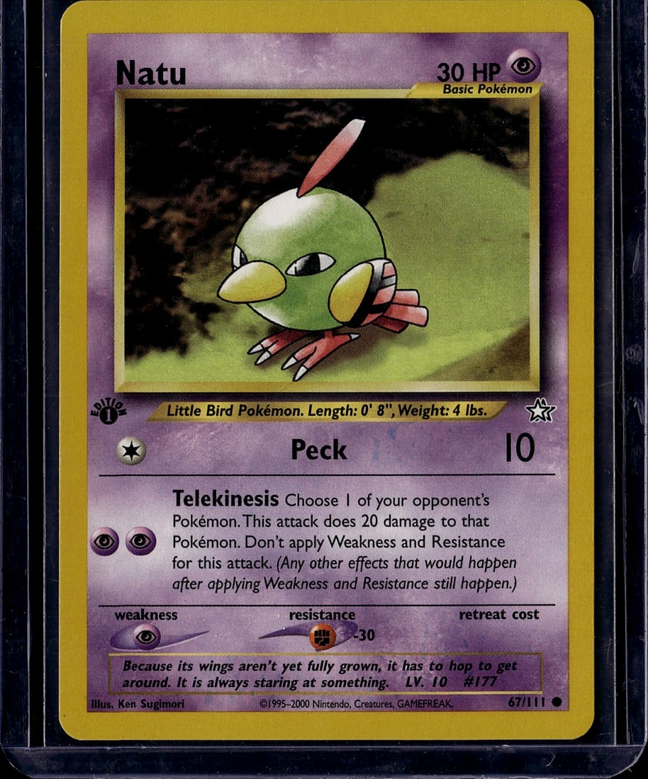 Natu 67/111 Neo Genesis Pokemon Card Single: This is an original Natu Pokemon card from the Neo Genesis set, released in 2000. Card number 67/111, this Little Bird Pokemon features the classic Telekinesis attack that allows you to choose one of 