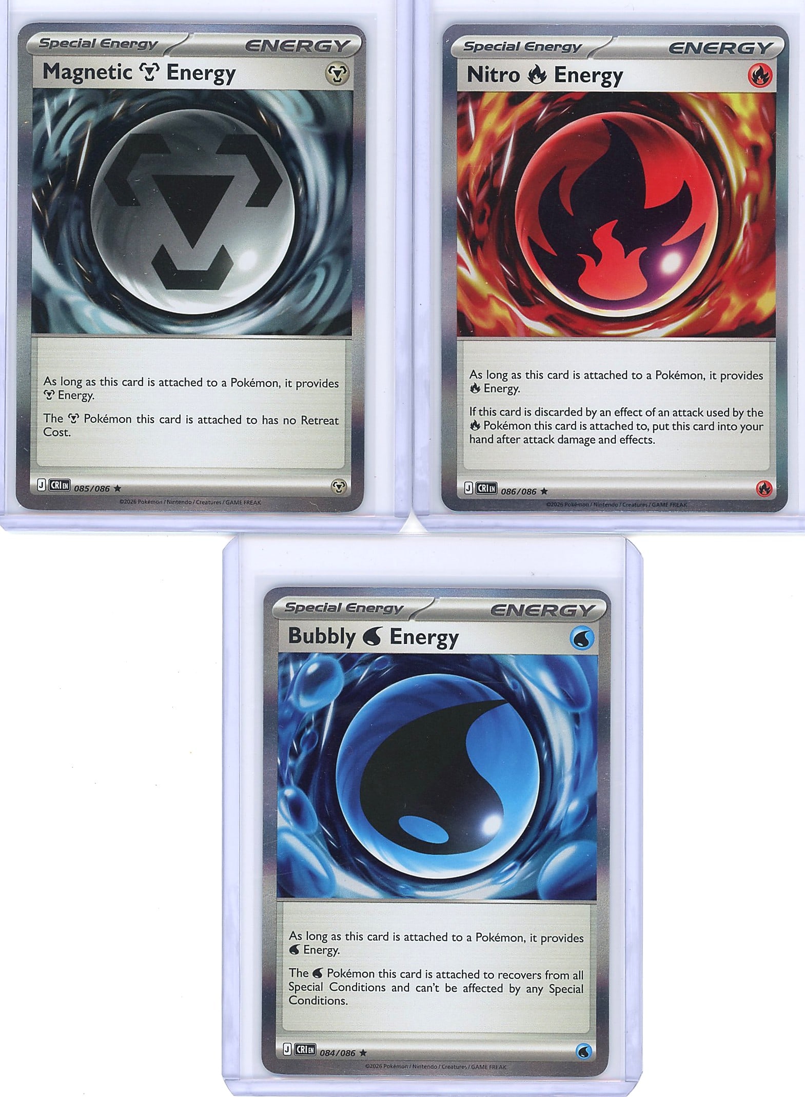 3-Card Lot Modern Holo Pokemon Special Energy: This lot contains three modern holographic Pokemon Special Energy cards in Near Mint condition. The cards feature Magnetic Energy, Nitro Energy, and Bubbly Energy, each with distinctive artwork and en
