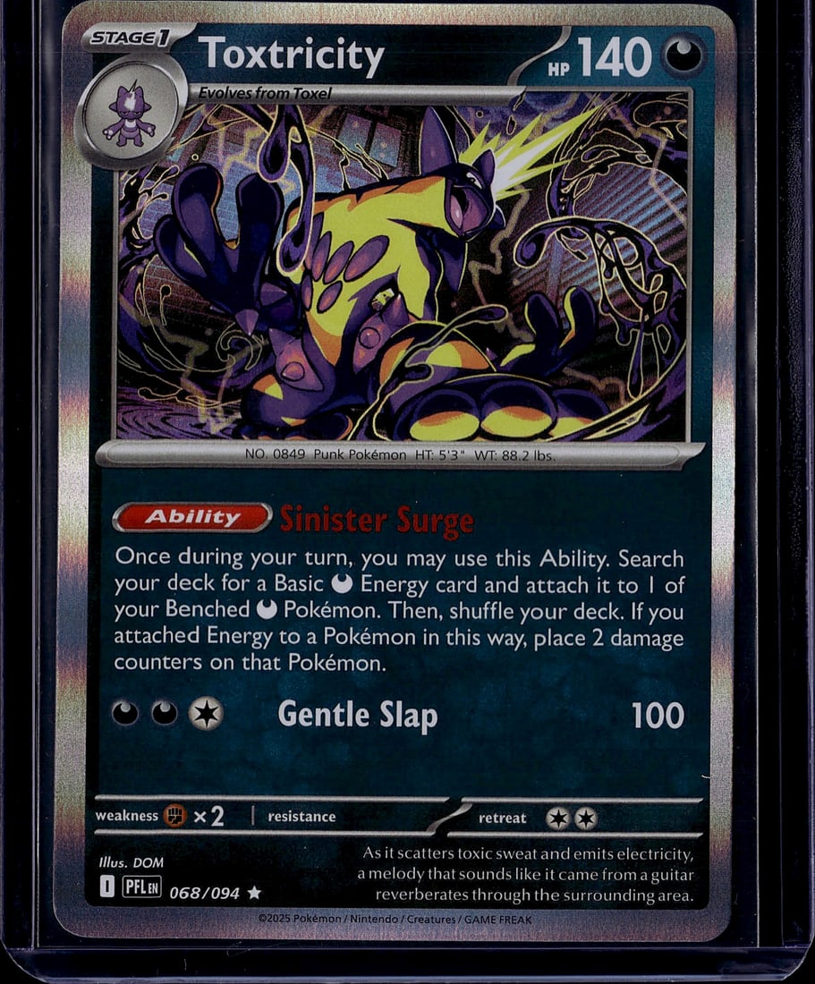 Toxtricity Holo 068/094 Scarlet Violet Pokemon: This is a Stage 1 Toxtricity Pokemon trading card from the Scarlet & Violet set, card number 068/094. The card features vibrant holographic artwork depicting the Punk Pokemon in dynamic electric poses