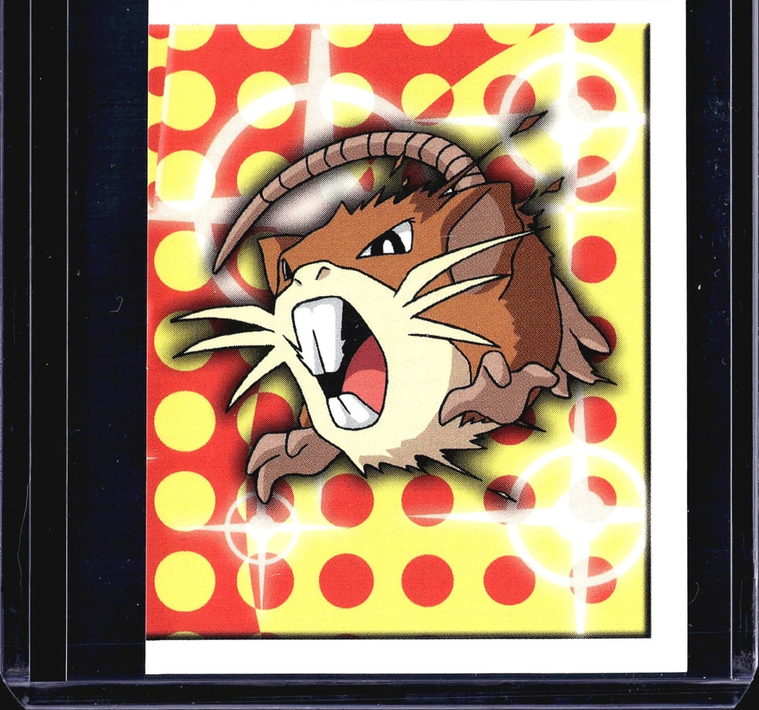 1999 Merlin Pokemon Sticker #205 Raticate Foil: This is sticker #205 from the 1999 Merlin Pokemon Collection sticker series, featuring Raticate. The front displays a vibrant foil design with a red and yellow polka-dot background and a dynamic close