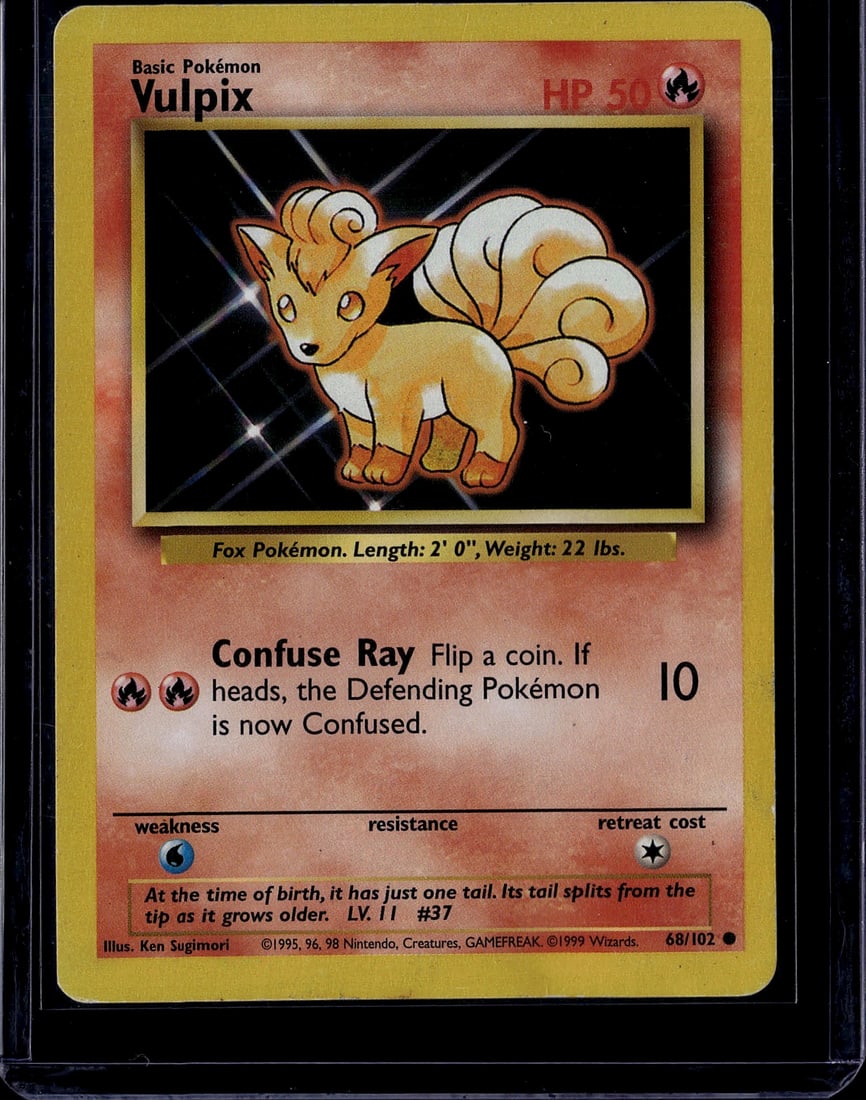 Vulpix 68/102 Base Set 1999 Pokemon Card - Near: This is an authentic Vulpix Pokemon Trading Card from the iconic 1999 Base Set, card number 68/102. Vulpix is a Basic Fire-type Pokemon with 50 HP, featuring the classic Ken Sugimori artwork. The