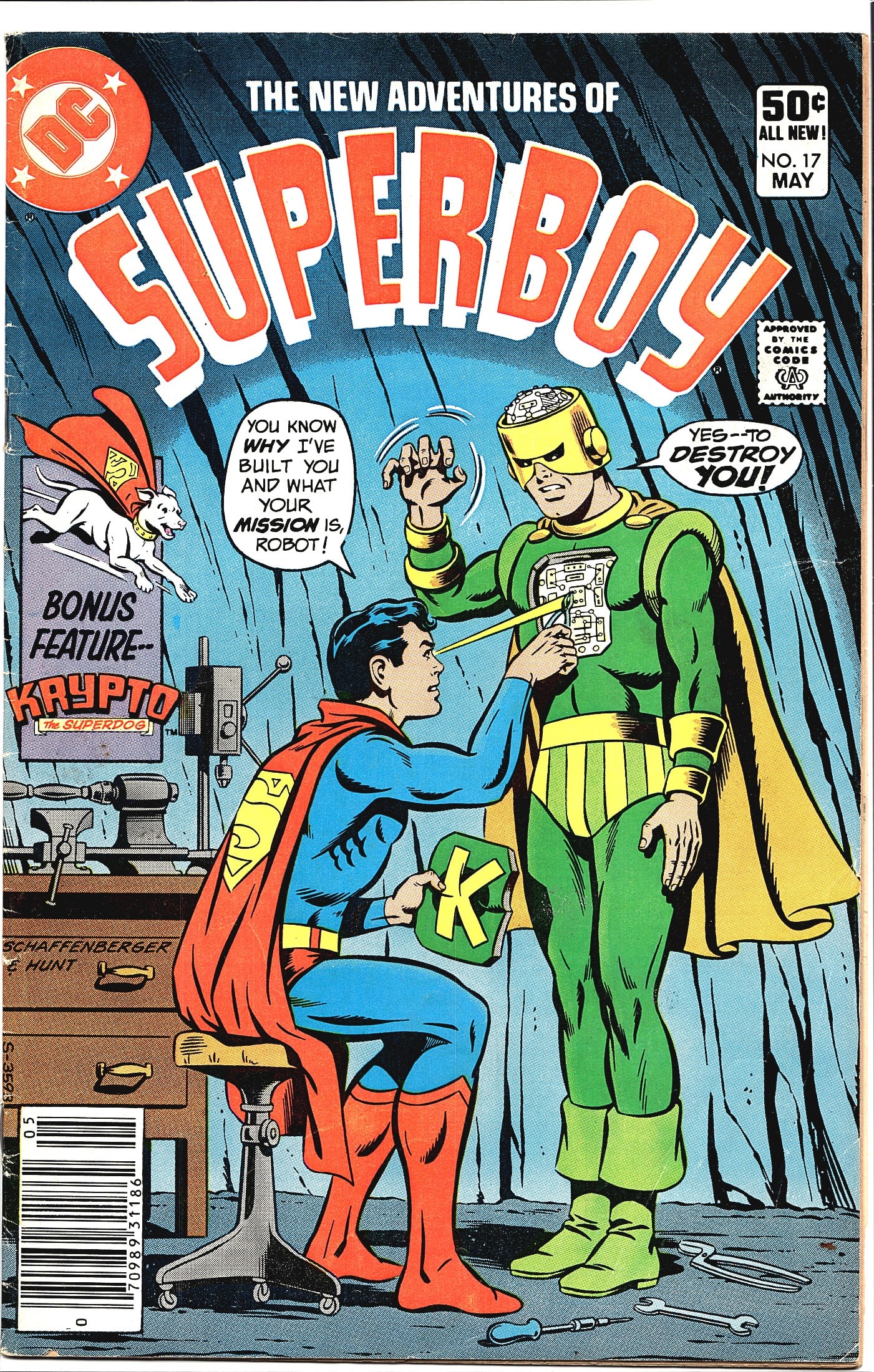 1981 DC Comics The New Adventures of Superboy: This is issue #17 of The New Adventures of Superboy, published by DC Comics, cover dated May 1981 and priced at 50 cents. The cover art is credited to Schaffenberger and Hunt and depicts Superboy