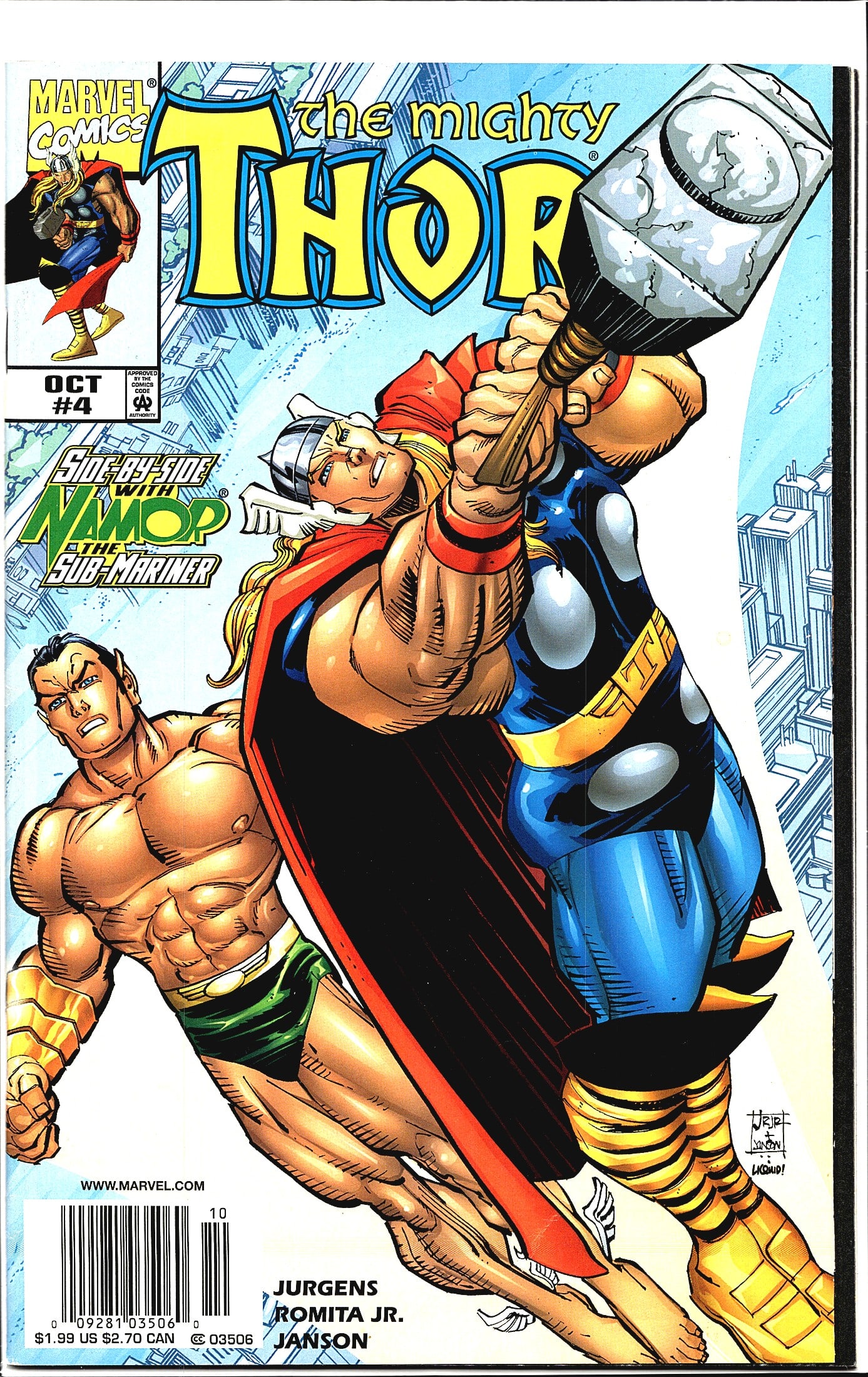 1998 Marvel Comics The Mighty Thor #4 Comic Book: This is issue #4 of The Mighty Thor, published by Marvel Comics, dated October 1998. The cover features Thor wielding his iconic hammer Mjolnir alongside Namor the Sub-Mariner, as indicated by the 'Si