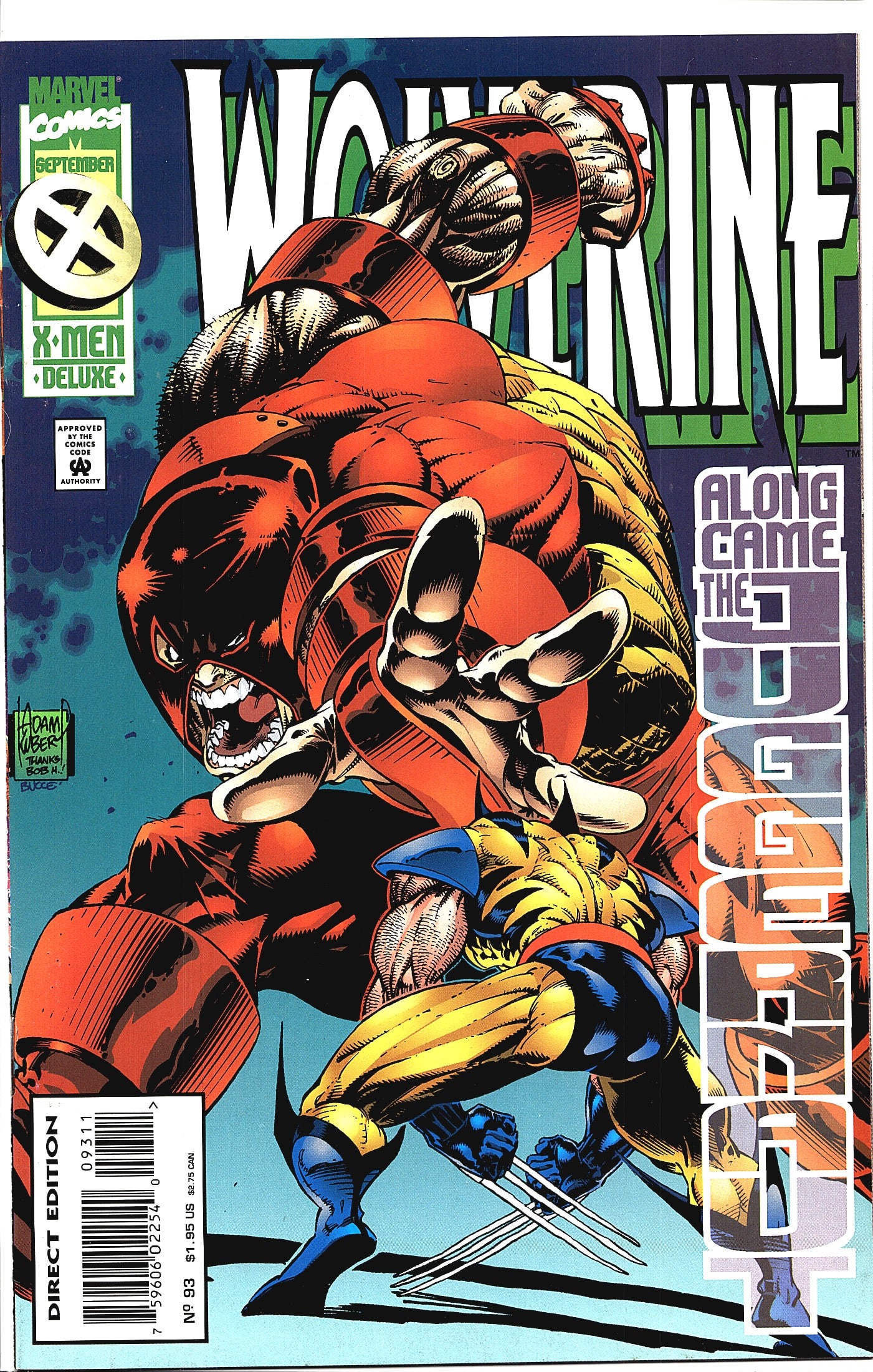 1995 Marvel Wolverine #93 Newsstand Variant Comic: Wolverine #93 published by Marvel Comics, dated September 1995, part of the X-Men Deluxe line. This issue features the story 'Along Came the...' with cover art by Adam Kubert, depicting Wolverine in