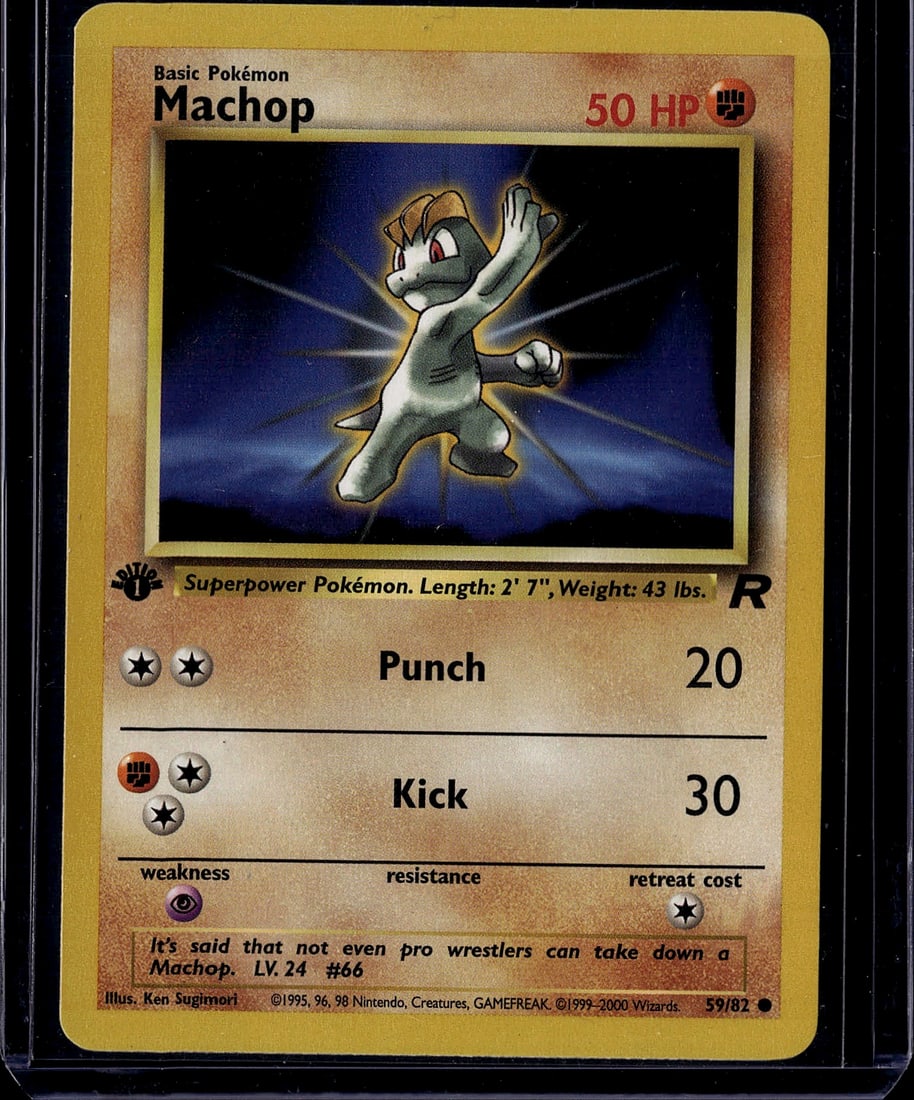 Machop Basic Pokemon Card 59/82 Base Set 1999: This is an original Machop Basic Pokemon trading card from the iconic Base Set, released in 1999. Card #59/82 features the classic artwork by Ken Sugimori depicting this Fighting-type Superpower