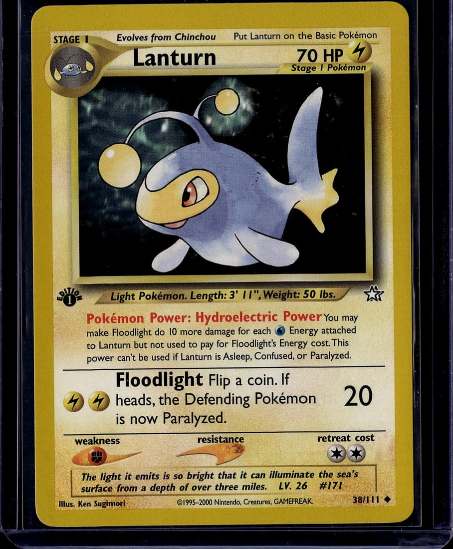 2000 Wizards of the Coast Neo Genesis Lanturn: Lanturn 38/111 from the Pokemon Neo Genesis expansion, released December 16, 2000. It is a Stage 1 Water-type Pokemon that evolves from Chinchou, featuring the Pokemon Power Lighting and the