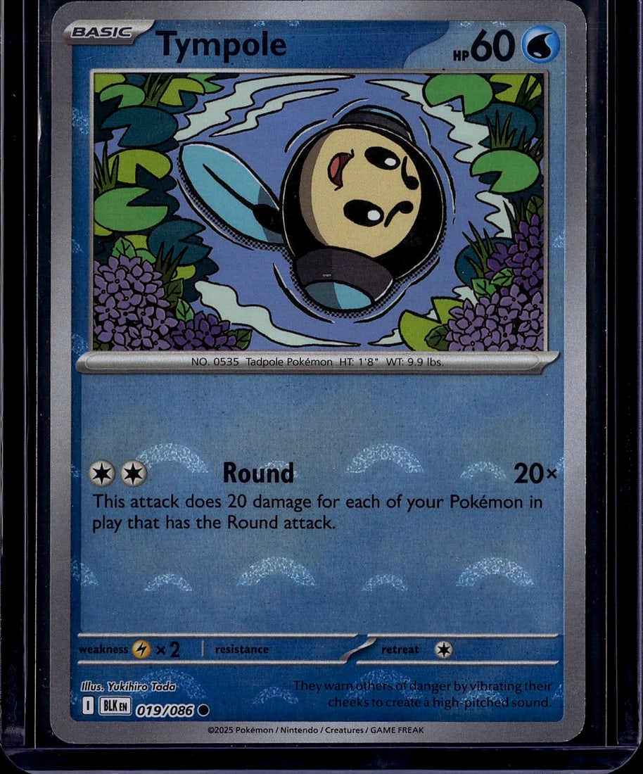 2025 Pokemon Scarlet Violet Black Bolt Tympole: Tympole is a Basic Water-type Common card (#019/086) from the Pokemon TCG: Scarlet & Violet-Black Bolt expansion, released in English on July 18, 2025. The set focuses on the Unova region and