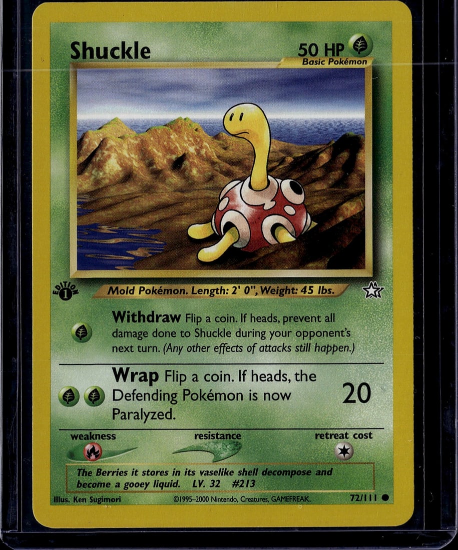 2000 Wizards of the Coast Neo Genesis Shuckle: Shuckle is a Common, Basic Grass-type Pokemon card from the Neo Genesis expansion, the 8th Pokemon TCG set released by Wizards of the Coast in December 2000. It features 50 HP and is illustrated by