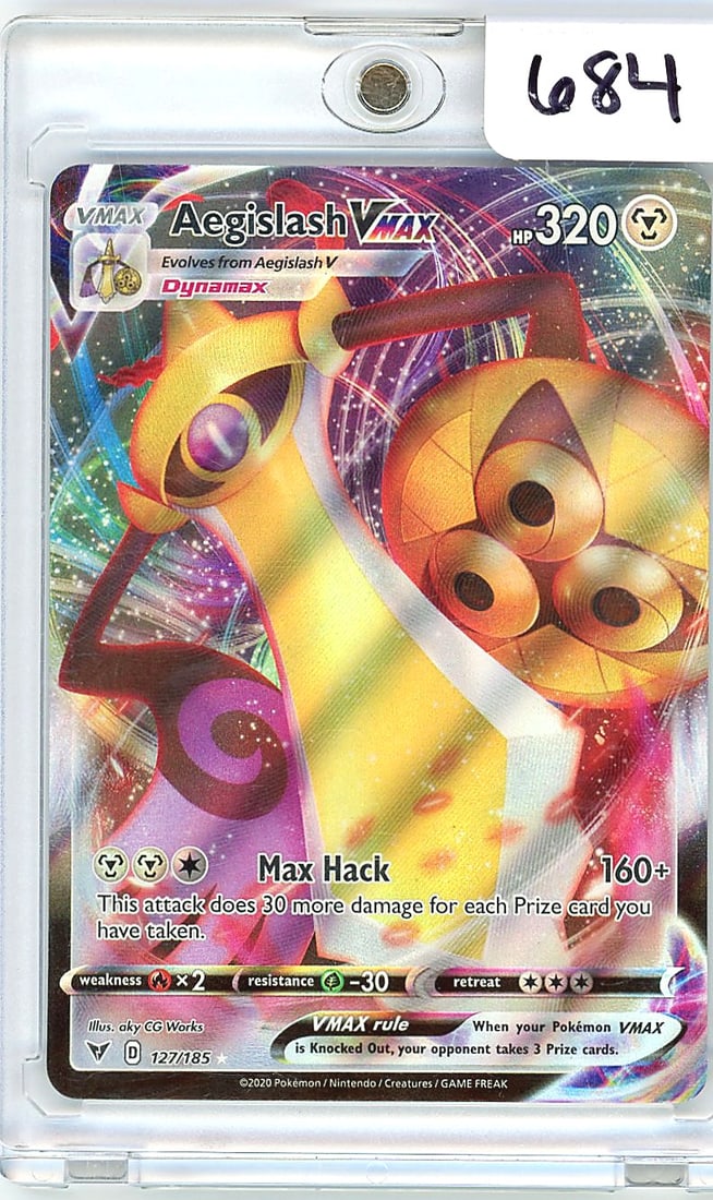 2020 Pokemon Vivid Voltage Aegislash VMAX 127/185: This listing features the 2020 Pokemon Aegislash VMAX card numbered 127/185 from the Sword & Shield Vivid Voltage expansion. The card features 320 HP and the Max Hack attack dealing 160+ damage,