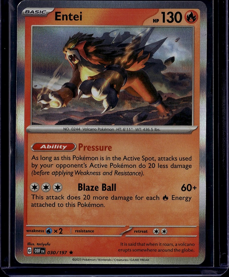 2023 Pokemon Obsidian Flames Entei 030/197 Card: This is a raw, ungraded Entei Pokemon card from the 2023 Obsidian Flames set (card number 030/197). Entei is a Basic Fire-type Volcano Pokemon with 130 HP, featuring the Pressure ability that reduces