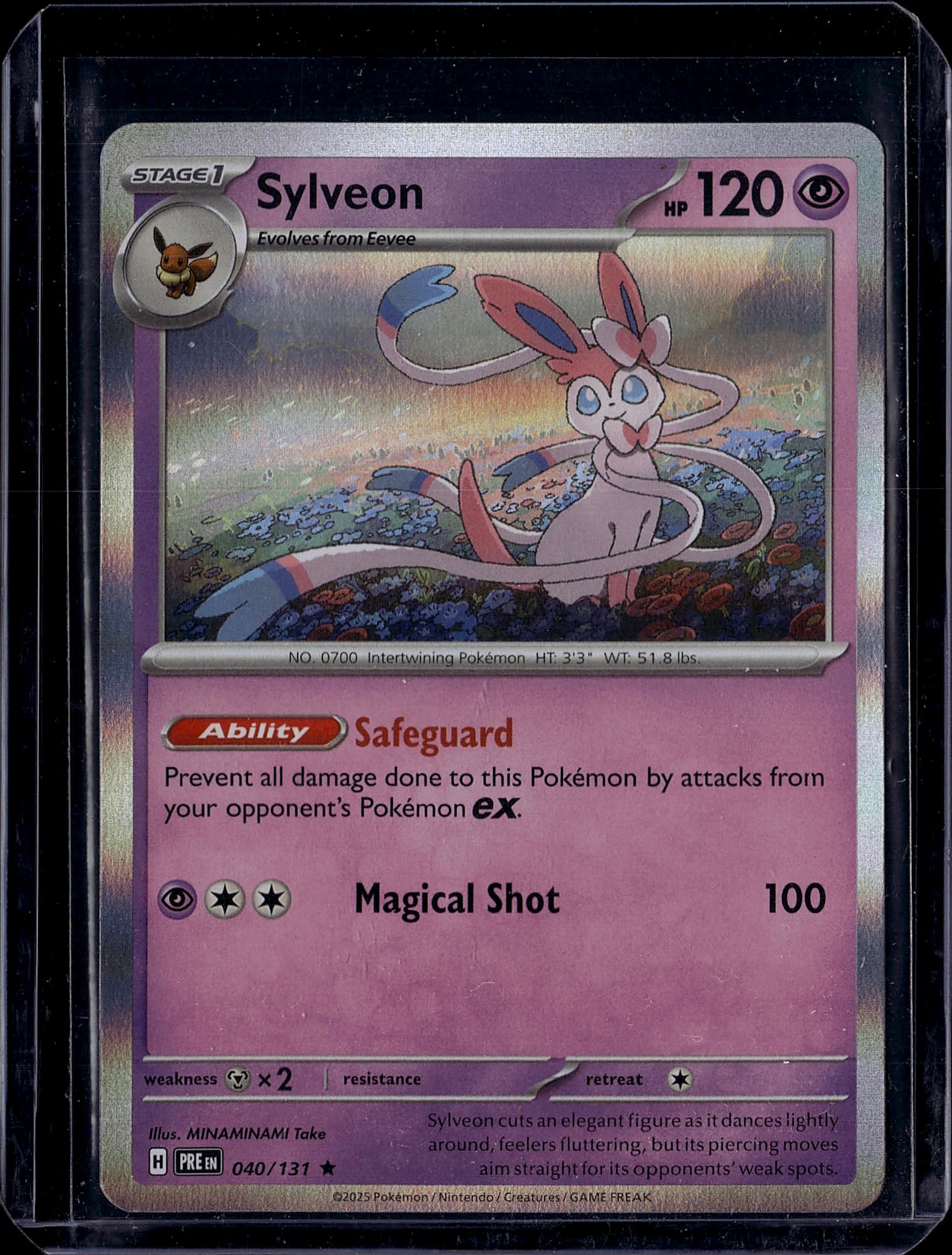 Sylveon 040/131 Pokemon Scarlet Violet Stage 1: This is a raw Sylveon Pokemon trading card from the Scarlet & Violet set, card number 040/131. Sylveon is a Stage 1 Psychic-type Pokemon that evolves from Eevee, featuring 120 HP and the Safeguard