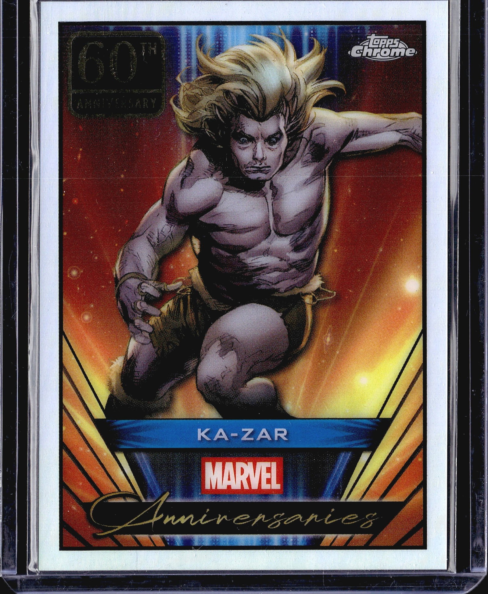 2025 Topps Chrome Marvel Anniversaries Ka-Zar: This is the 2025 Topps Chrome Marvel Anniversaries card #MA-4 featuring Ka-Zar, celebrating 60 years of the iconic Marvel Comics character. Produced by Topps and licensed by Marvel, this card is part