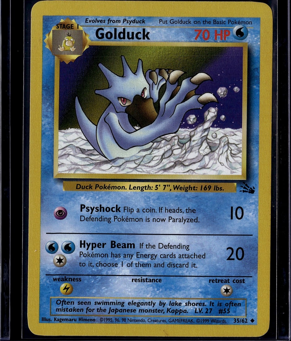 1999 Pokemon Base Set Golduck 35/62 Card - Stage: This is an authentic 1999 Pokemon Trading Card Game Base Set Golduck card (35/62), a Stage 1 evolution of Psyduck. The card features the classic illustration by Kagemaru Himeno and displays the iconic