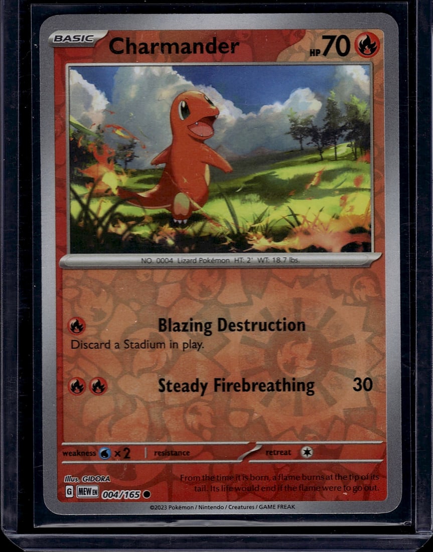 Charmander 004/165 Scarlet Violet Pokemon Card: This is a Charmander Pokemon trading card from the modern Scarlet & Violet set, card number 004/165. Featuring the classic fire-type lizard Pokemon in a scenic outdoor landscape, this Basic Pokemon