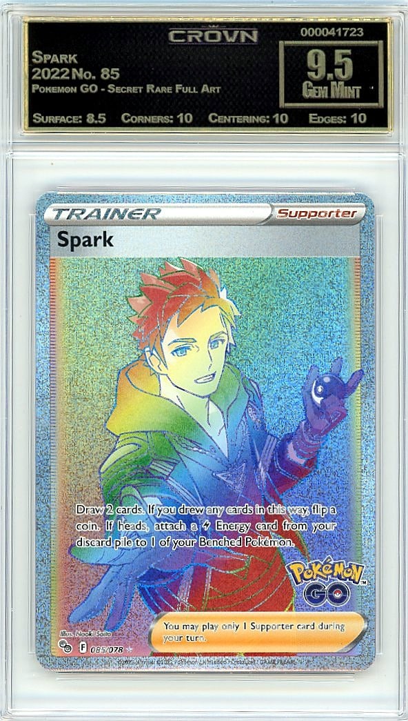 2022 Spark Pokemon GO Secret Rare Full Art #85: This is a 2022 Spark card from the Pokemon GO Secret Rare Full Art set, card number 85. It has been professionally graded and encased in a protective slab by Crown, one of the leading trading card