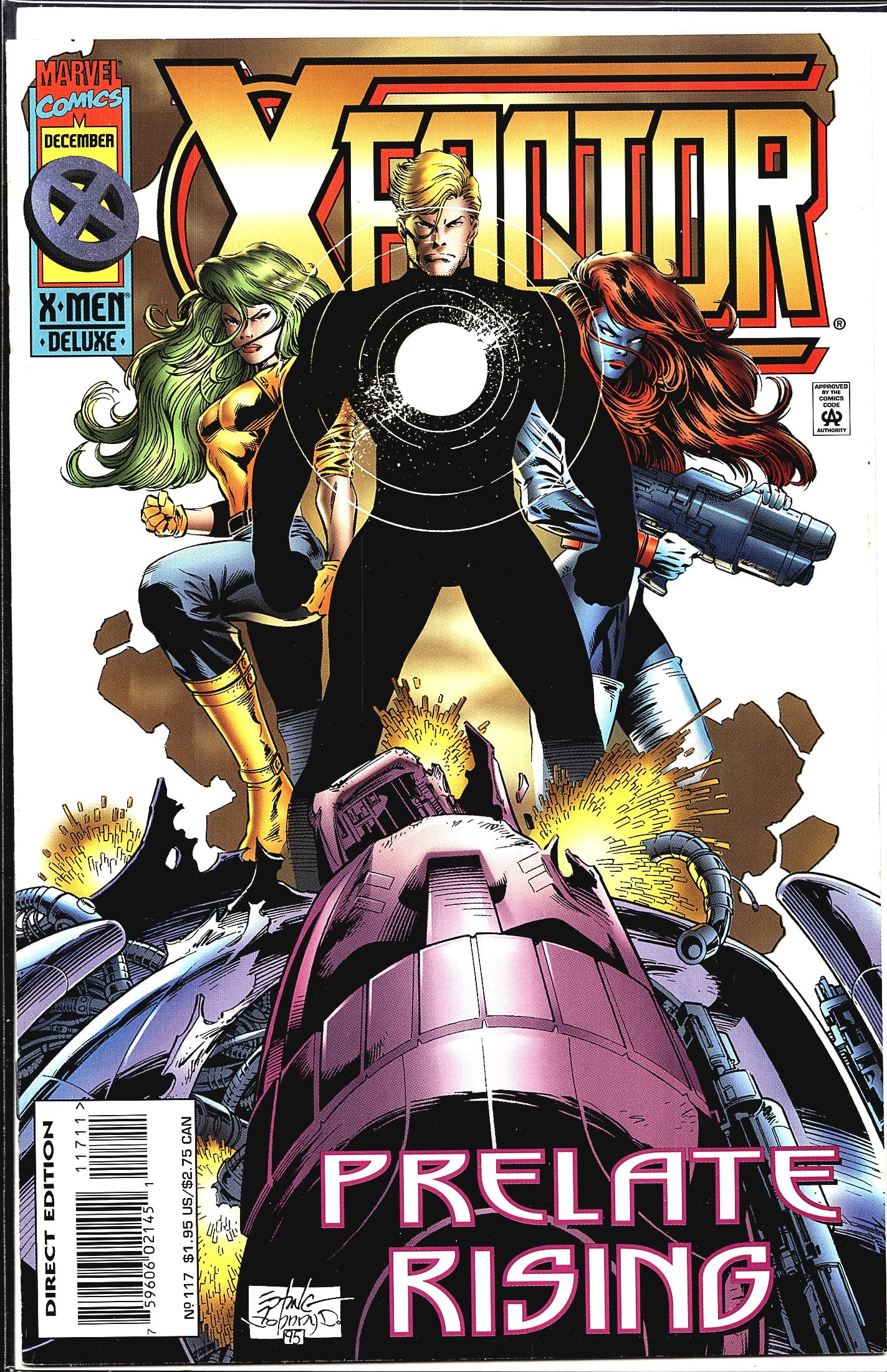 1995 Marvel Comics X-Factor #117 Comic Book: X-Factor #117 from Marvel Comics, cover dated December 1995, part of the X-Men Deluxe line. This issue features the story arc 'Prelate Rising' as printed on the cover. The cover art depicts three char